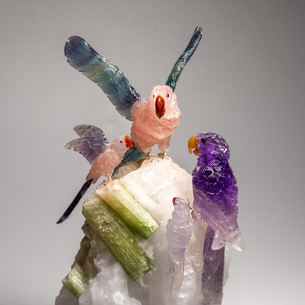 Genuine Hand Carved Fluorite Parrots on a Tourmaline in Quartz Matrix (10