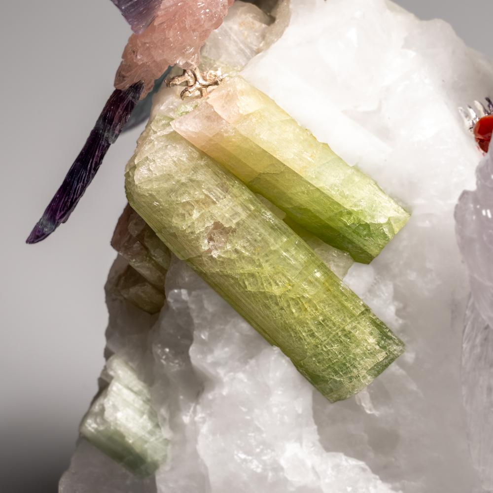 Genuine Hand Carved Fluorite Parrots on a Tourmaline in Quartz Matrix (10