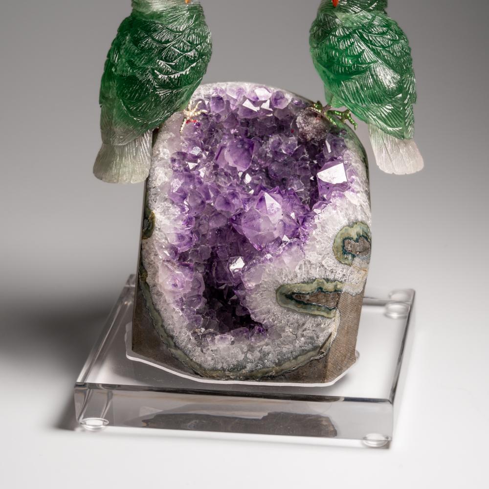 Fluorite verte et hibou sculptés à la main sur un matrice de géodes d'améthyste (8 po. (H) en vente 6