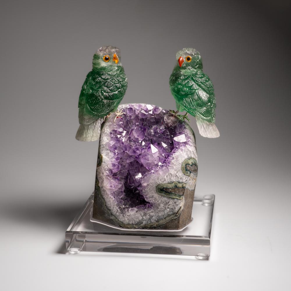 Fluorite verte et hibou sculptés à la main sur un matrice de géodes d'améthyste (8 po. (H) en vente 7