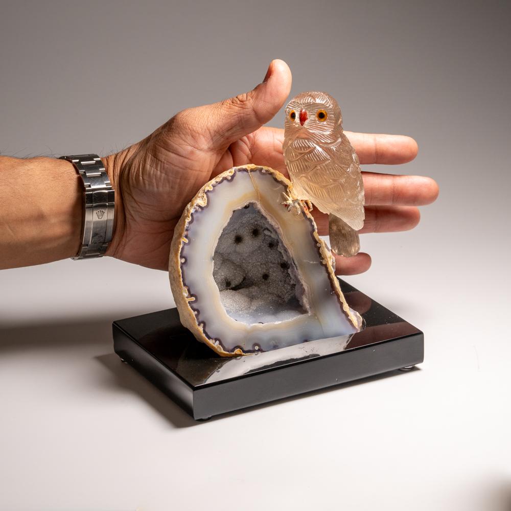 Genuine Hand Carved Smoky Quartz Owl on a Green Agate Geode Matrix (7