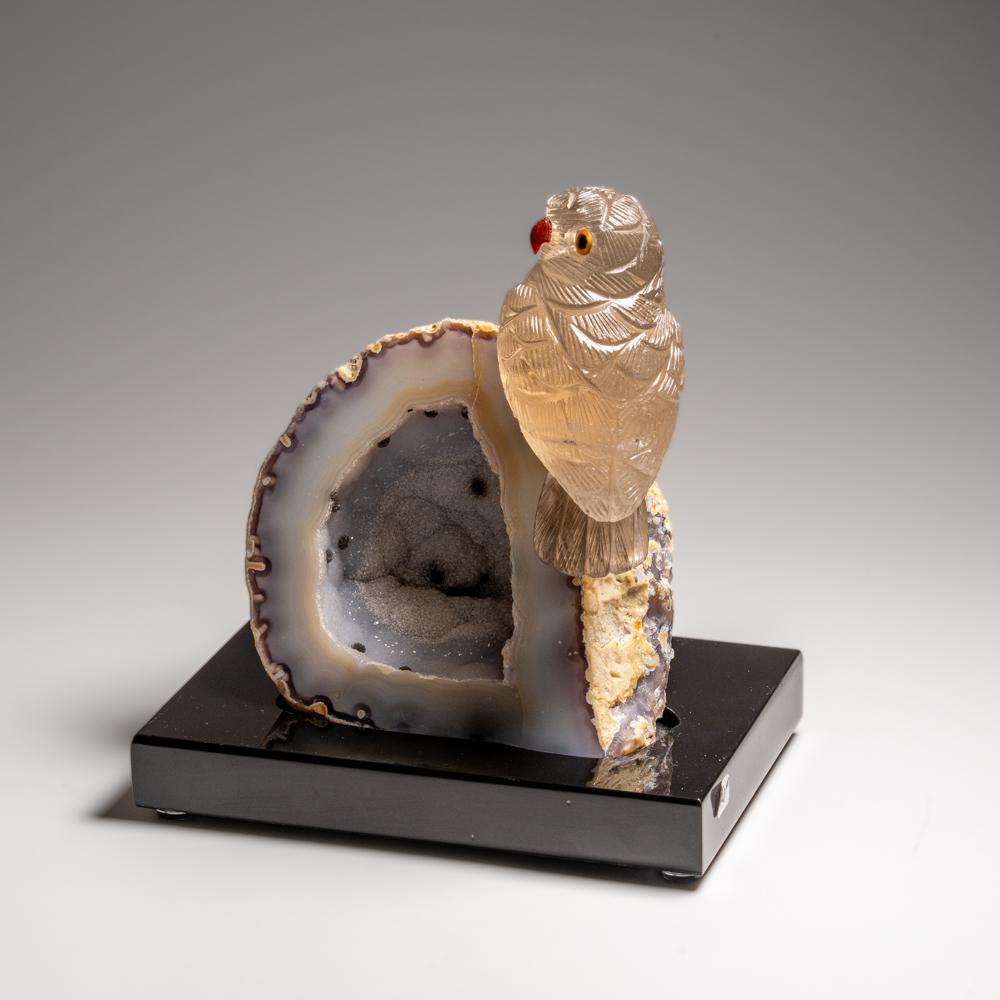 Contemporary Genuine Hand Carved Smoky Quartz Owl on a Green Agate Geode Matrix (7