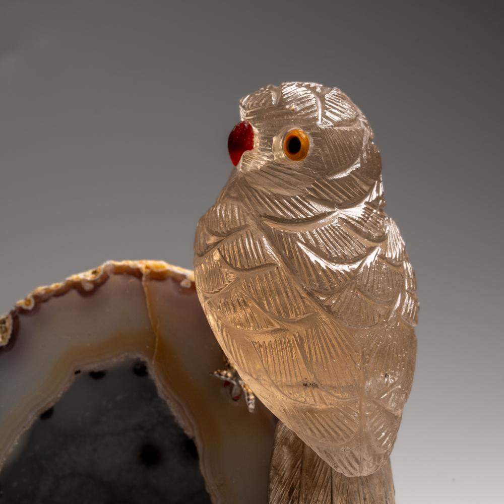 Genuine Hand Carved Smoky Quartz Owl on a Green Agate Geode Matrix (7