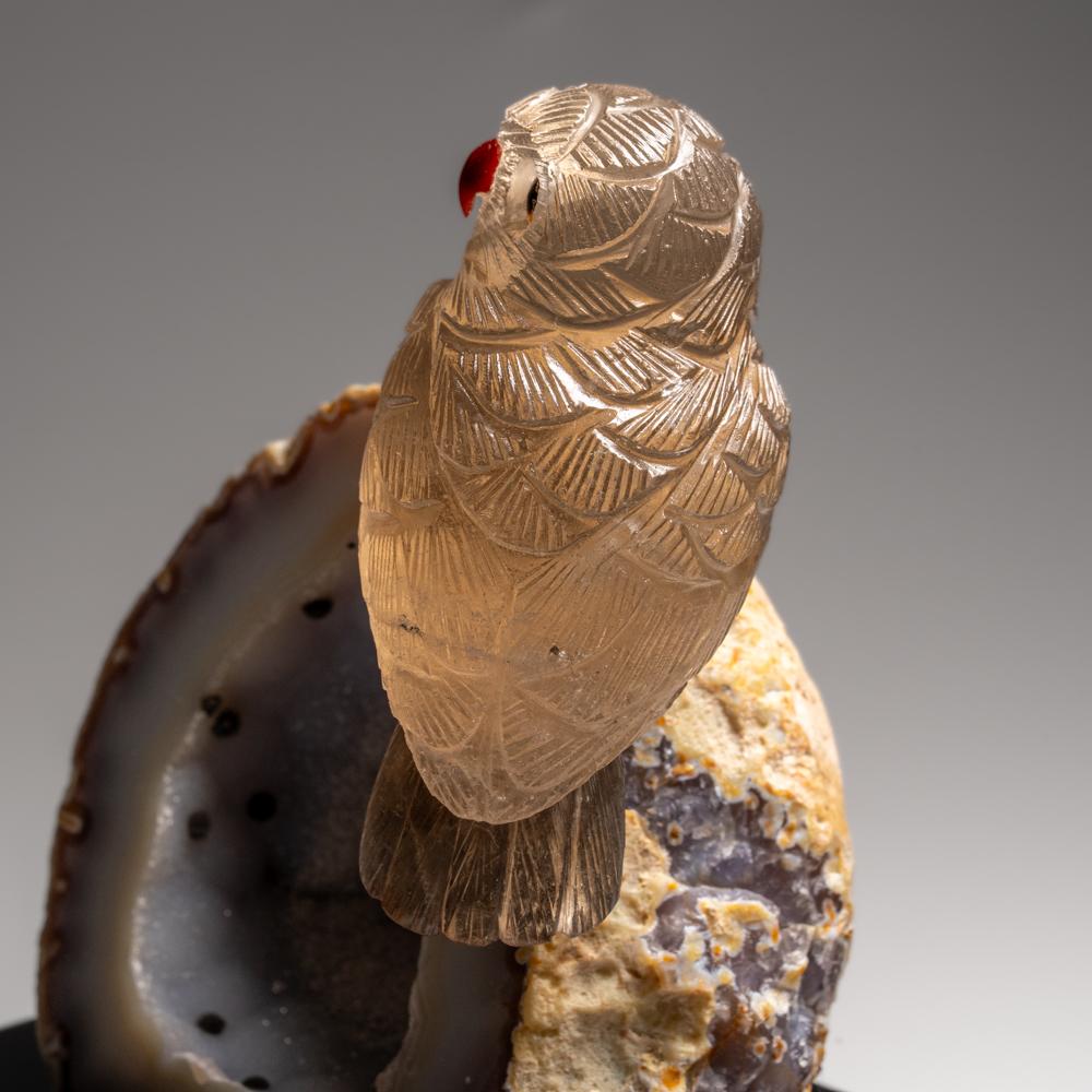 Genuine Hand Carved Smoky Quartz Owl on a Green Agate Geode Matrix (7