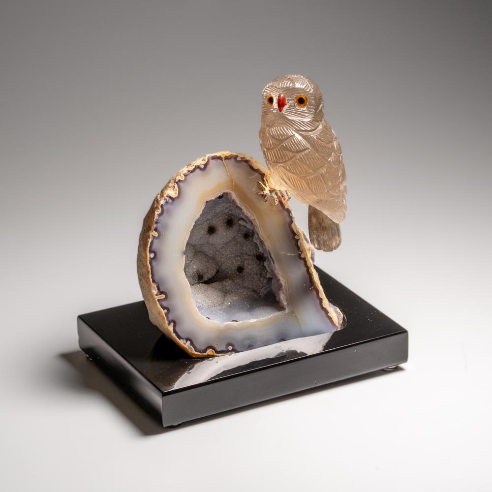 Genuine Hand Carved Smoky Quartz Owl on a Green Agate Geode Matrix (7