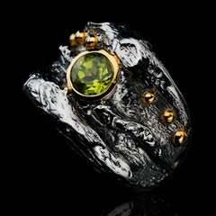 Genuine Hand Crafted Peridot Ring in Sterling Silver with Gold Accents