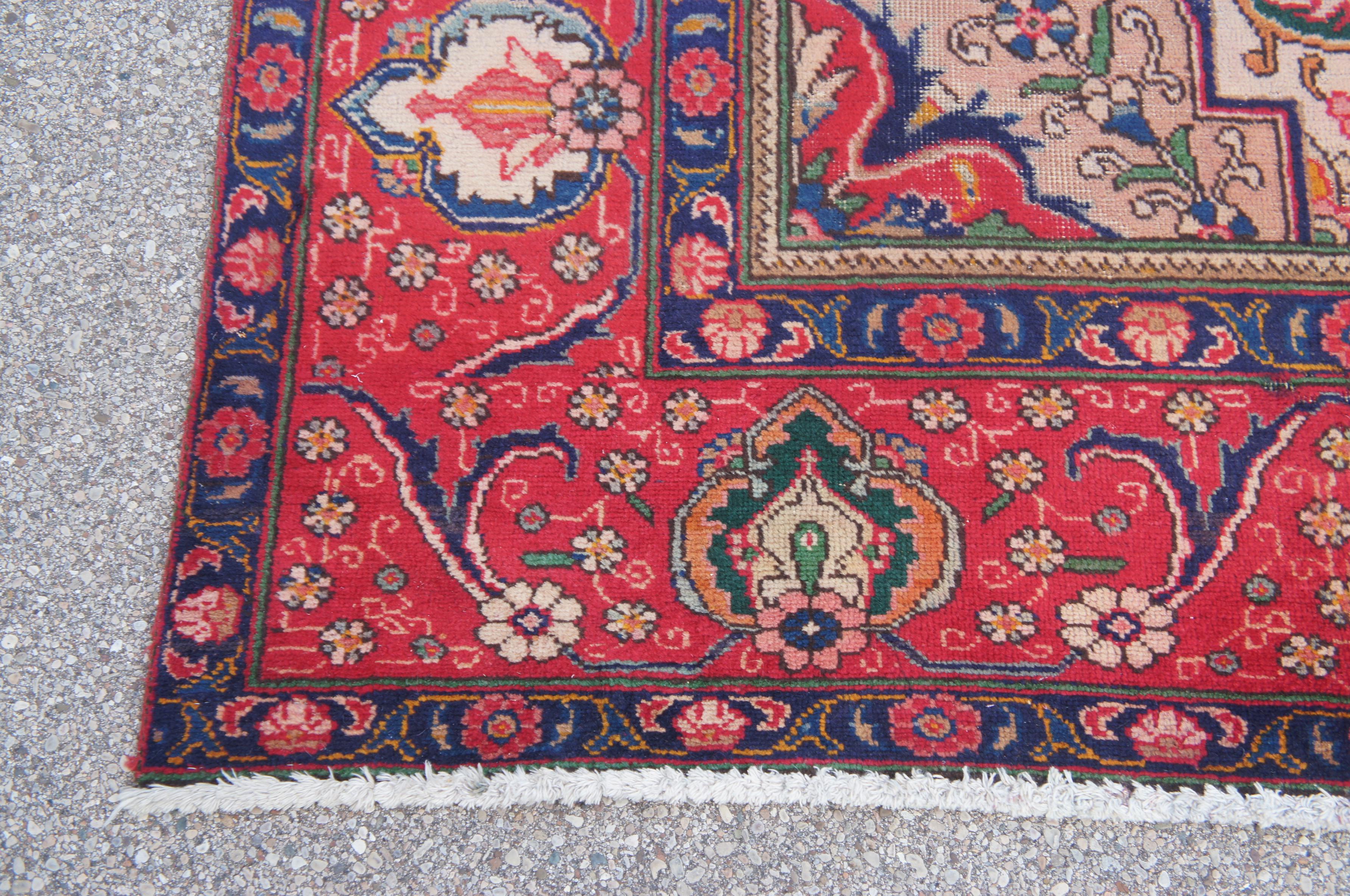 20th Century Hand Knotted Persian Tabriz Red & Blue Floral Medallion Wool Area Rug 9' x 12' For Sale