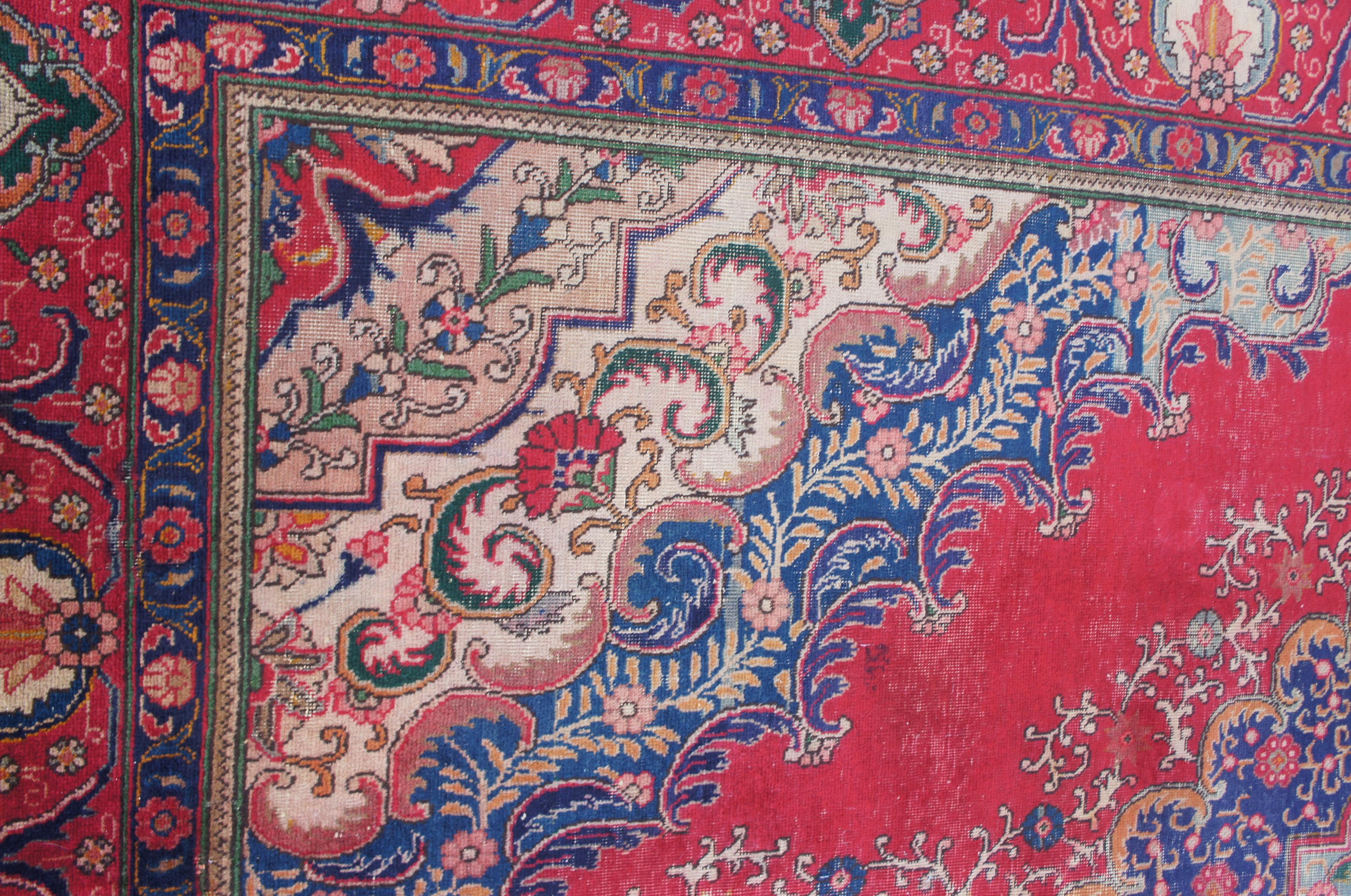 Hand Knotted Persian Tabriz Red & Blue Floral Medallion Wool Area Rug 9' x 12' For Sale 1