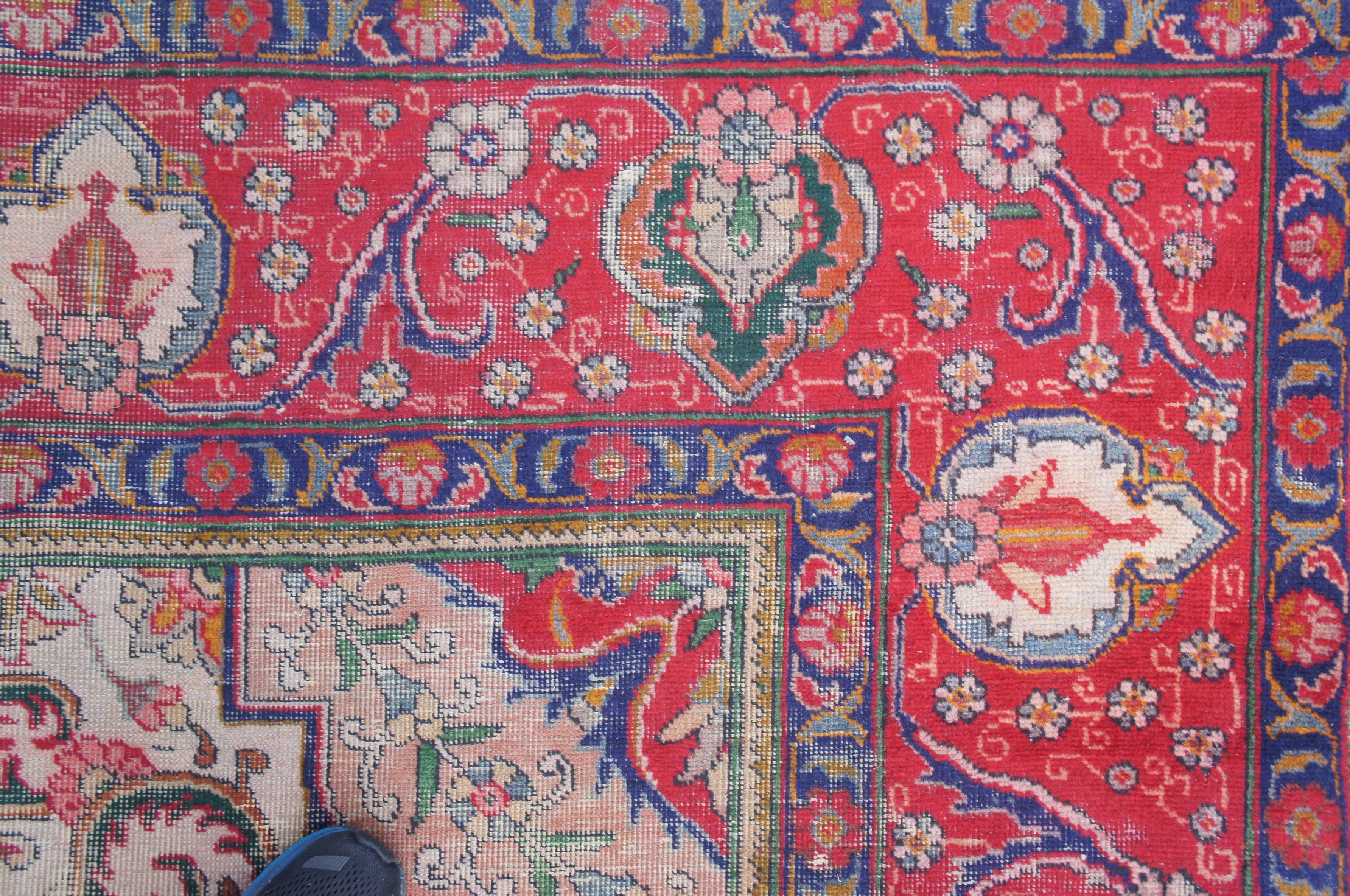 Hand Knotted Persian Tabriz Red & Blue Floral Medallion Wool Area Rug 9' x 12' For Sale 3