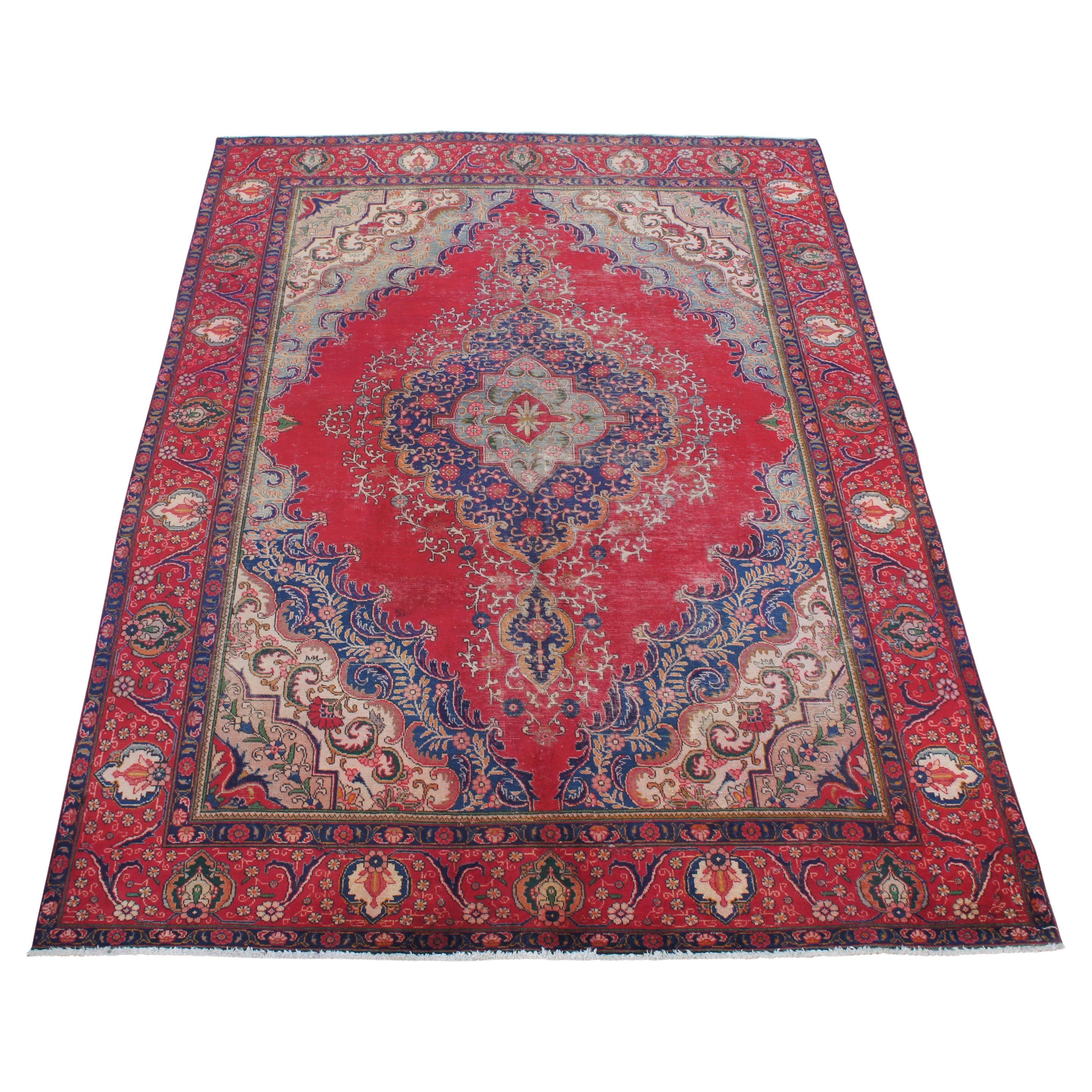 Hand Knotted Persian Tabriz Red & Blue Floral Medallion Wool Area Rug 9' x 12' For Sale