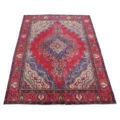 Handgeknüpfter persischer Täbris-Teppich in Rot & Blau mit Blumenmedaillon aus Wolle 9' x 12'