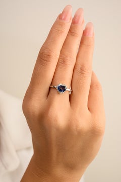 Genuine Heart Cut Blue Sapphire Halo Diamond Ring for Love in 14k White Gold