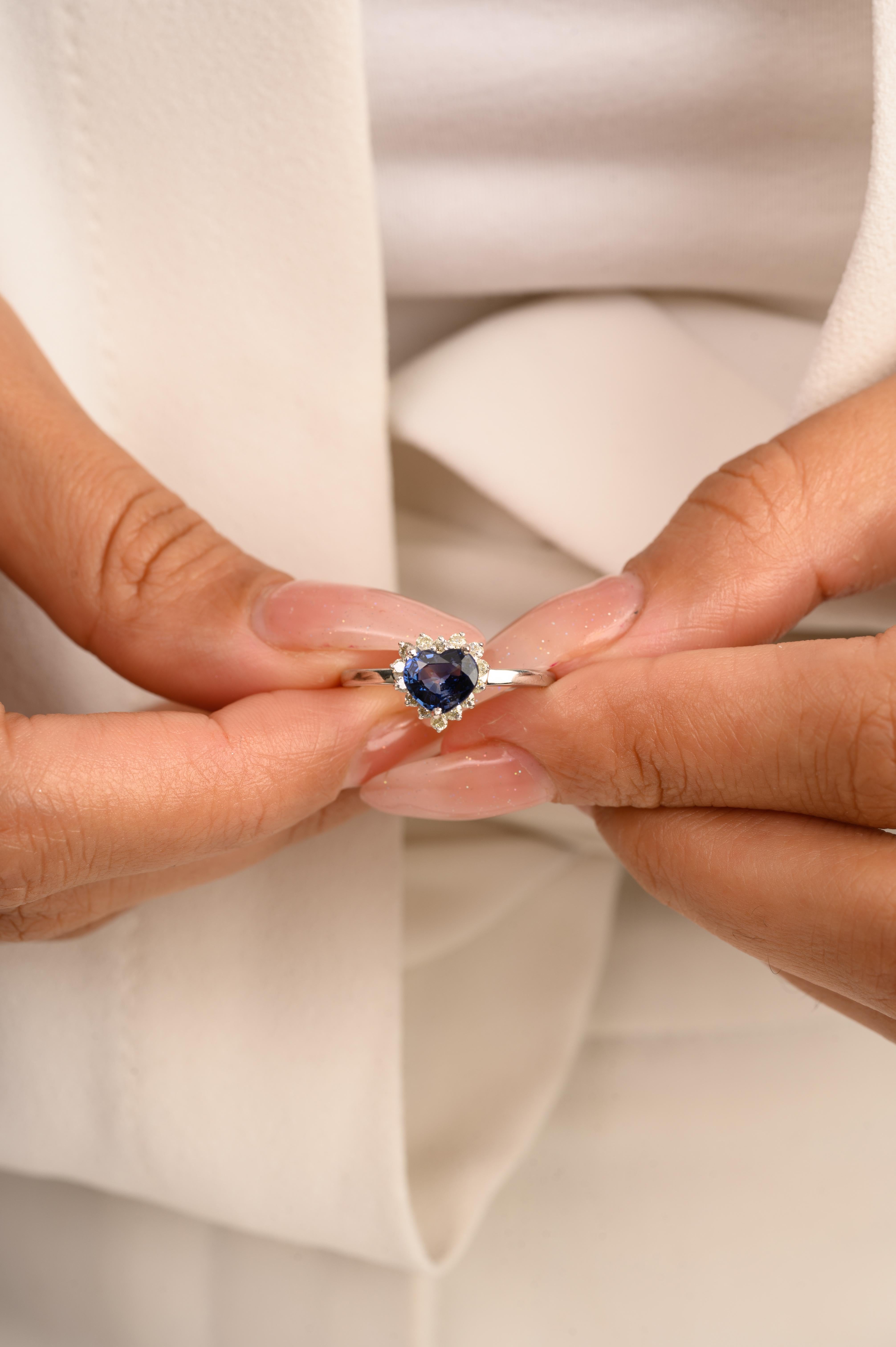 For Sale:  Genuine Heart Cut Blue Sapphire Halo Diamond Ring for Love in 14k White Gold 4