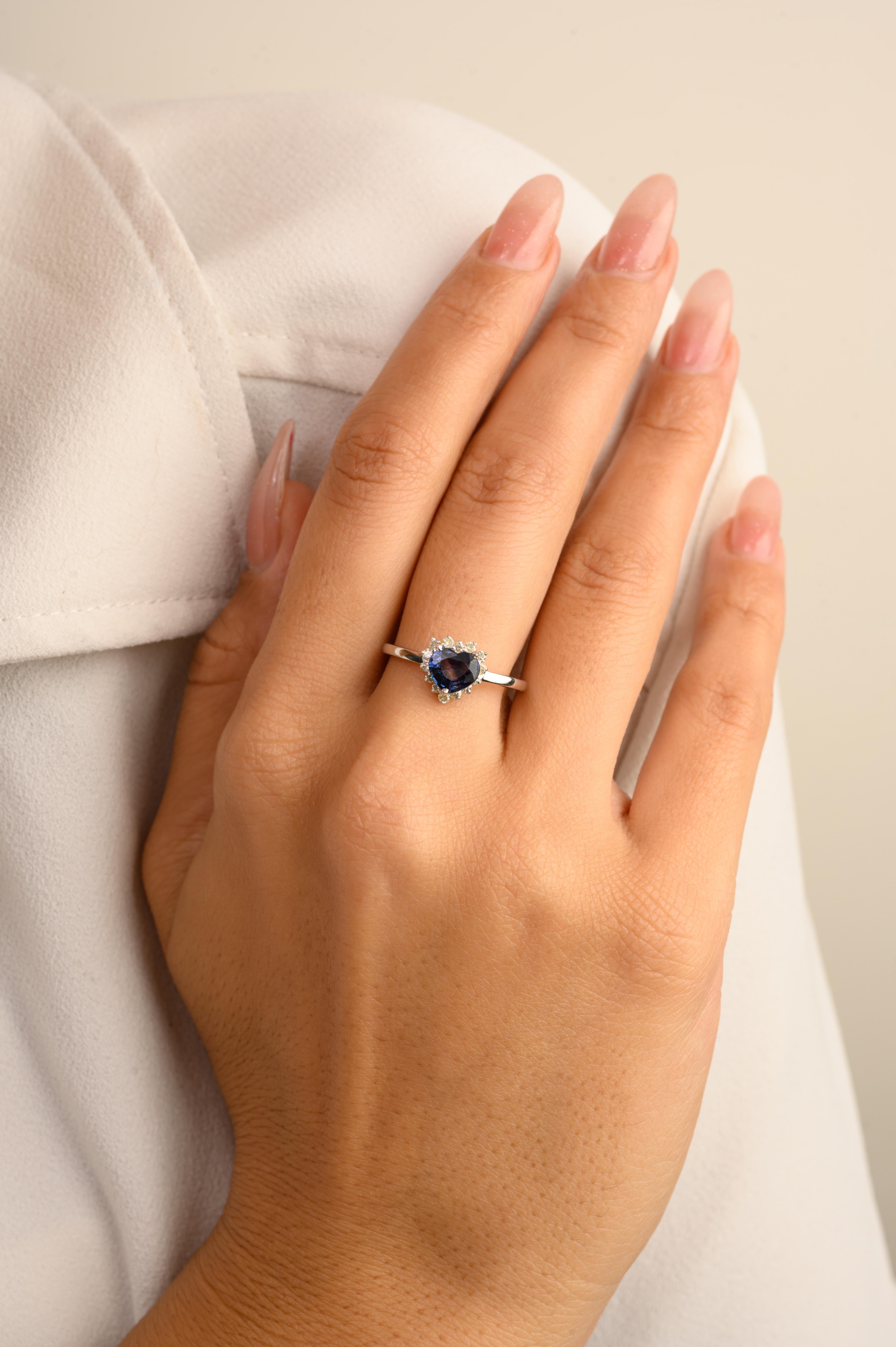 For Sale:  Genuine Heart Cut Blue Sapphire Halo Diamond Ring for Love in 14k White Gold 6