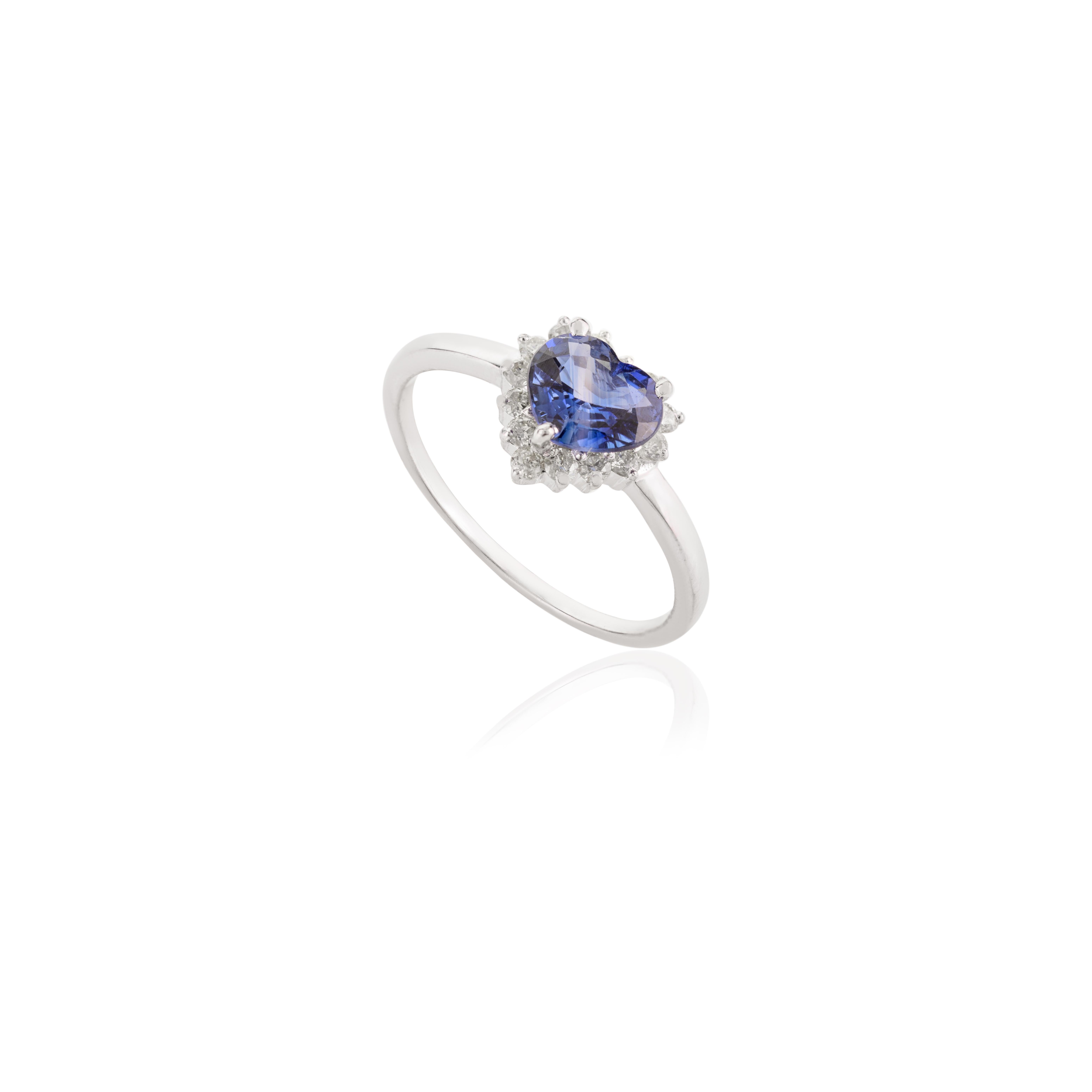For Sale:  Genuine Heart Cut Blue Sapphire Halo Diamond Ring for Love in 14k White Gold 7