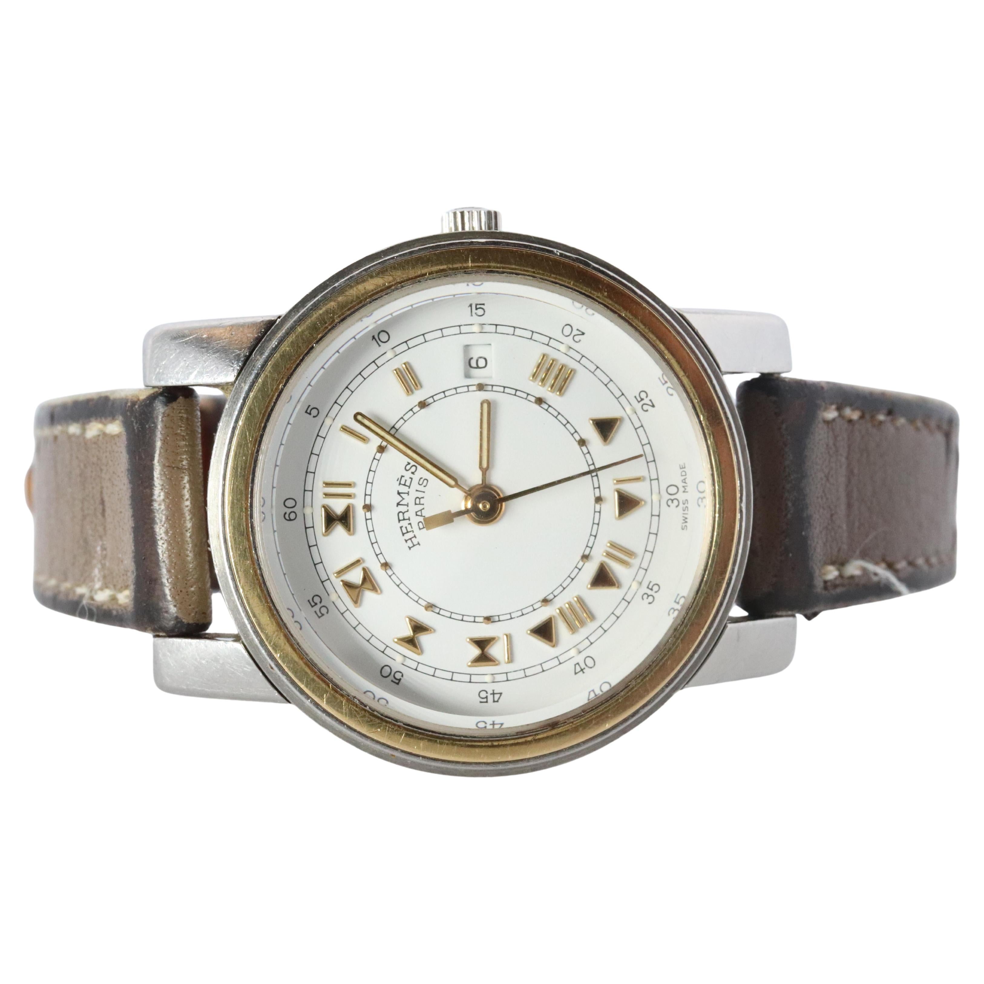 Véritable HERMES Montre Carrick 26mm ronde à quartz cadran blanc en vente