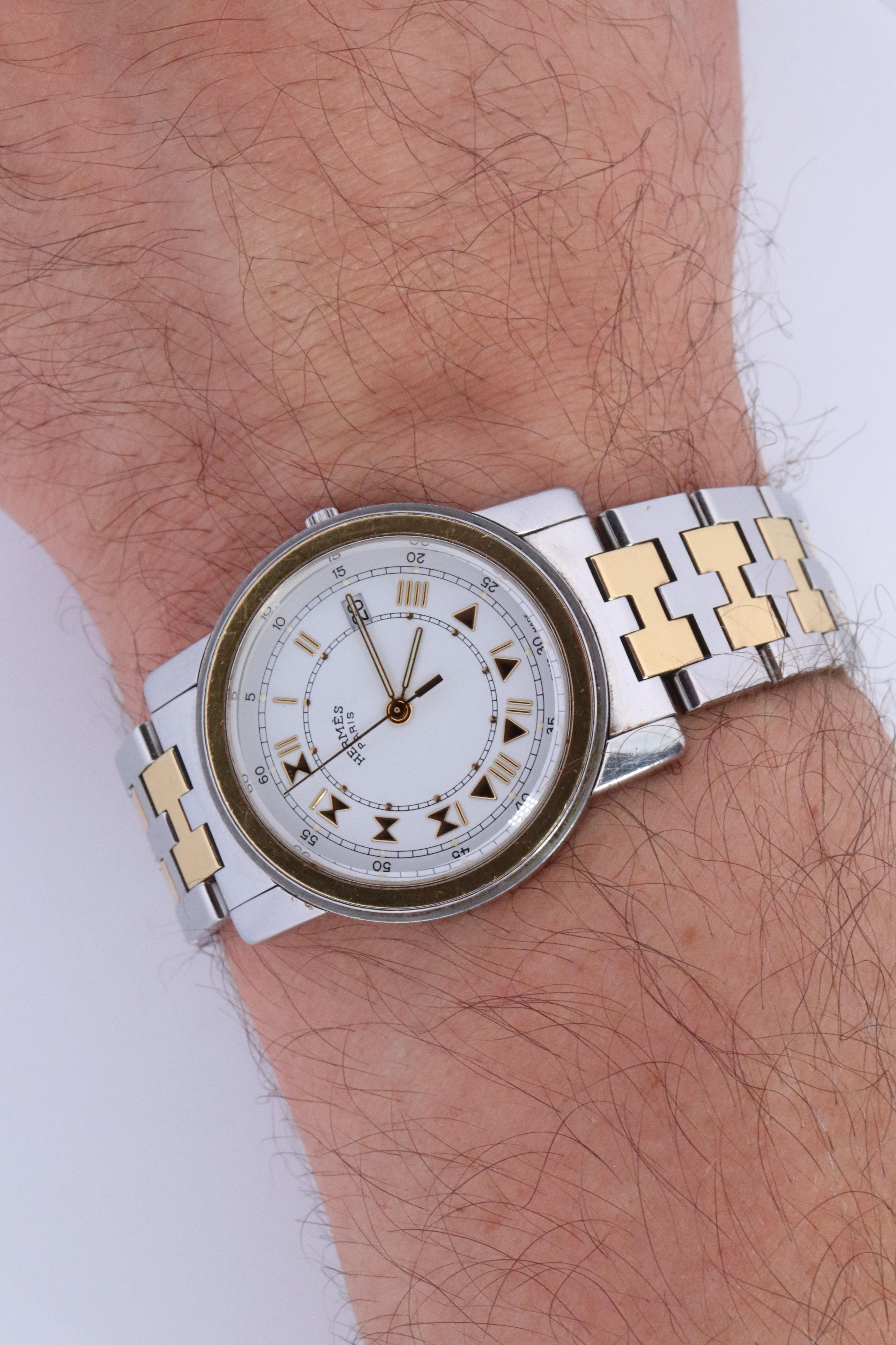 Modern Genuine HERMES Carrick LARGE 34mm Round Quartz Watch White Dial For Sale