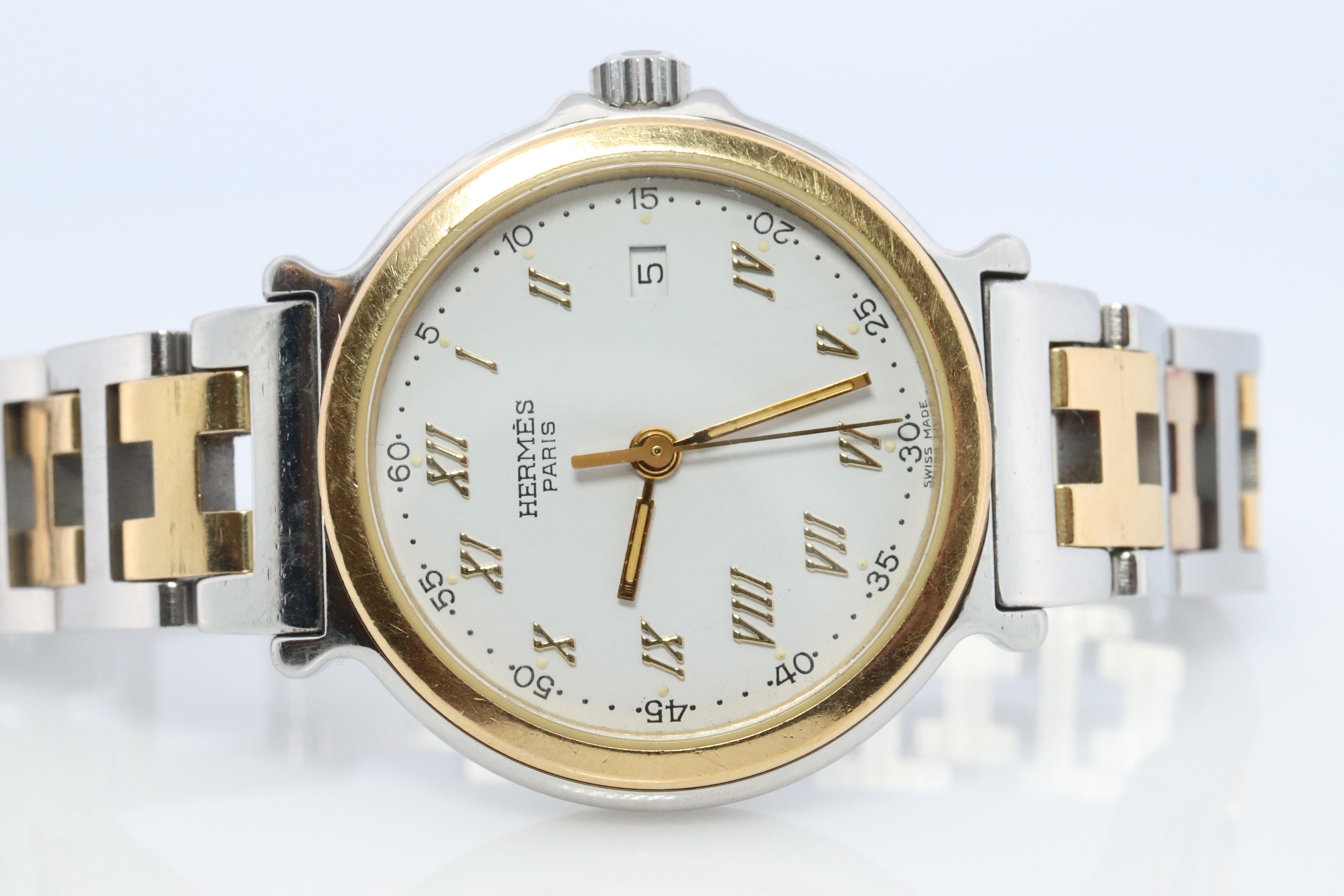 Moderno Autentico HERMES METEORE SS 28mm Orologio al quarzo rotondo Quadrante bianco in vendita