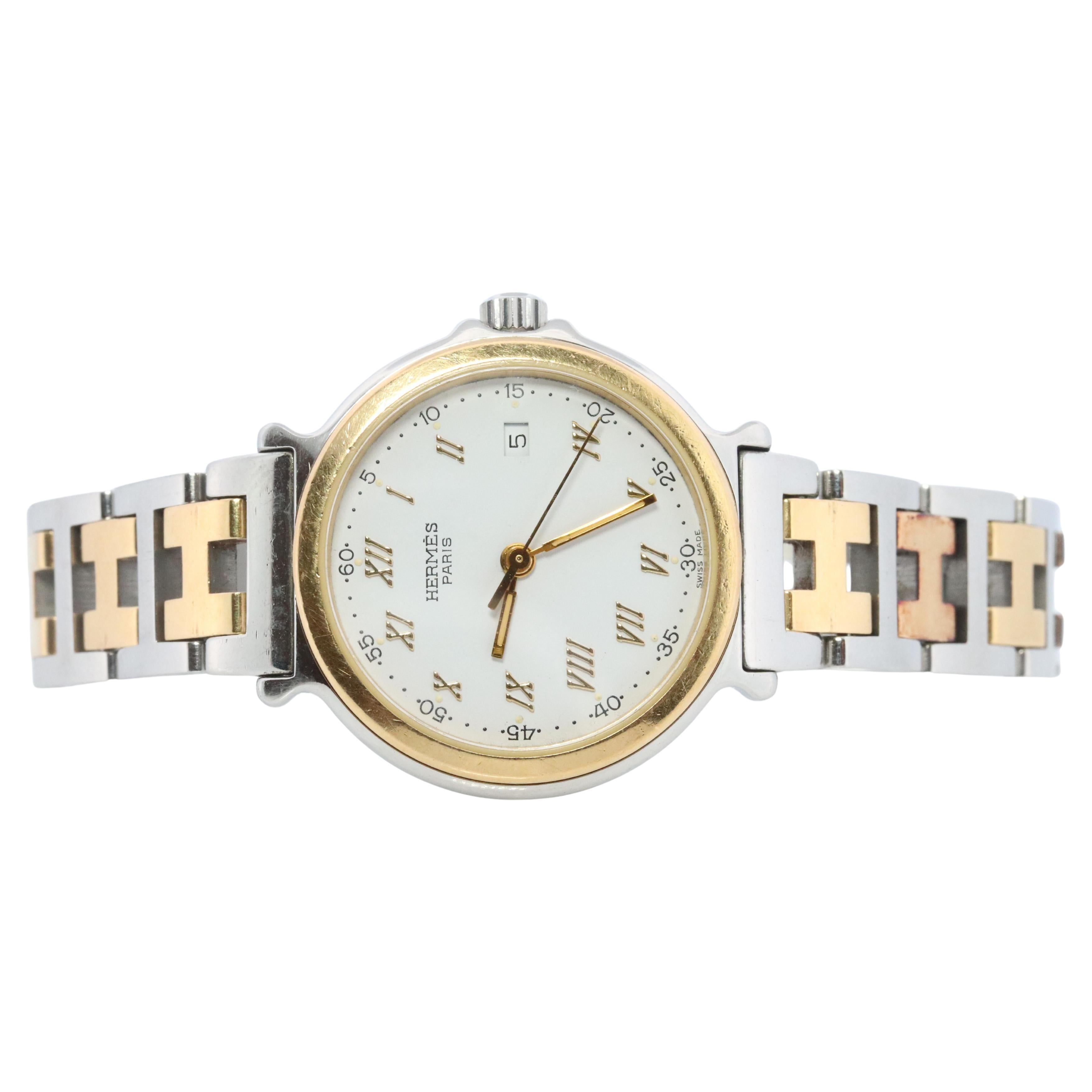 Genuine HERMES METEORE SS 28mm Round Quartz Watch White Dial