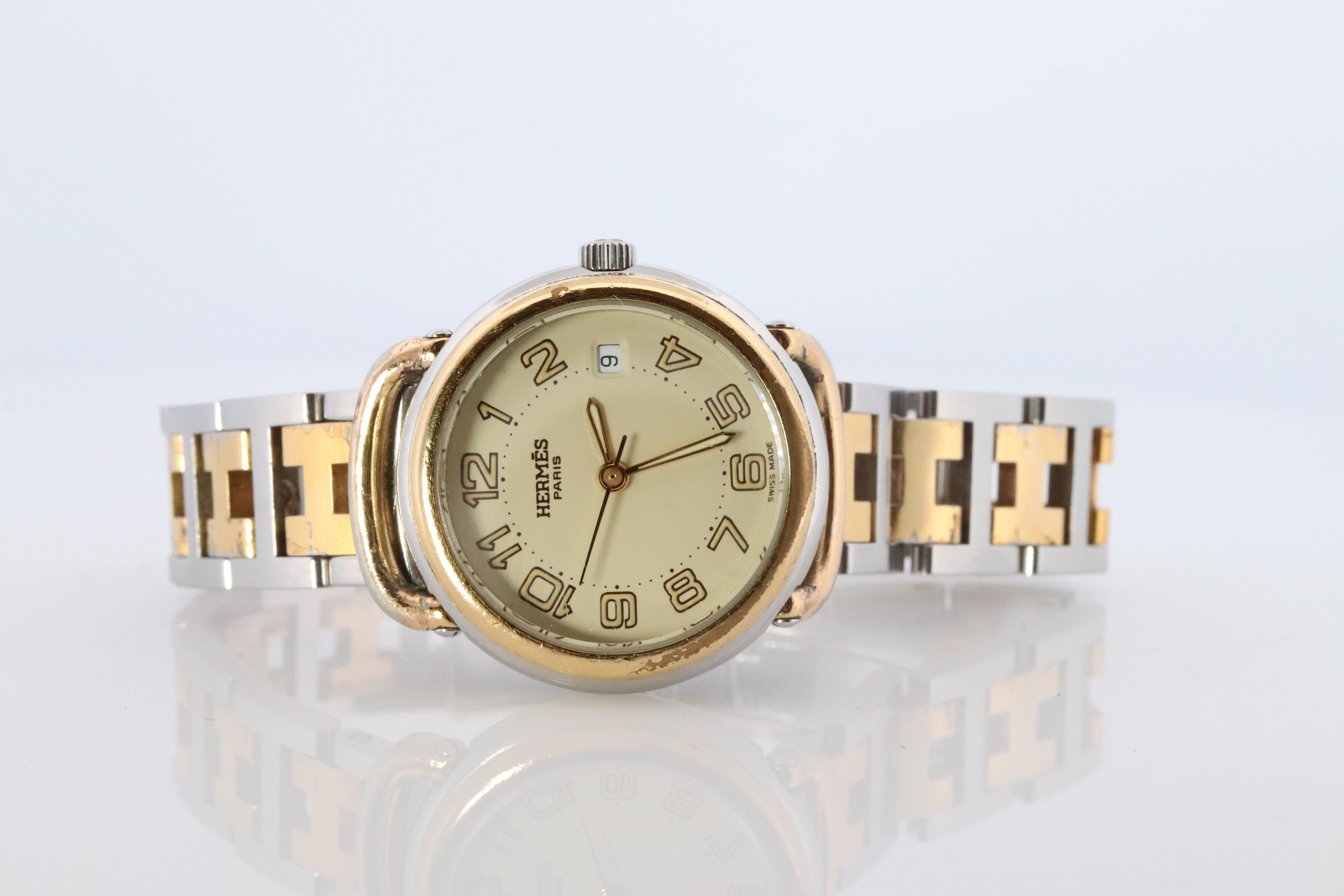 Genuine HERMES PULLMAN Stainless Steel 25mm Round Clipper Quartz Watch silver In Good Condition For Sale In Port Charlotte, FL