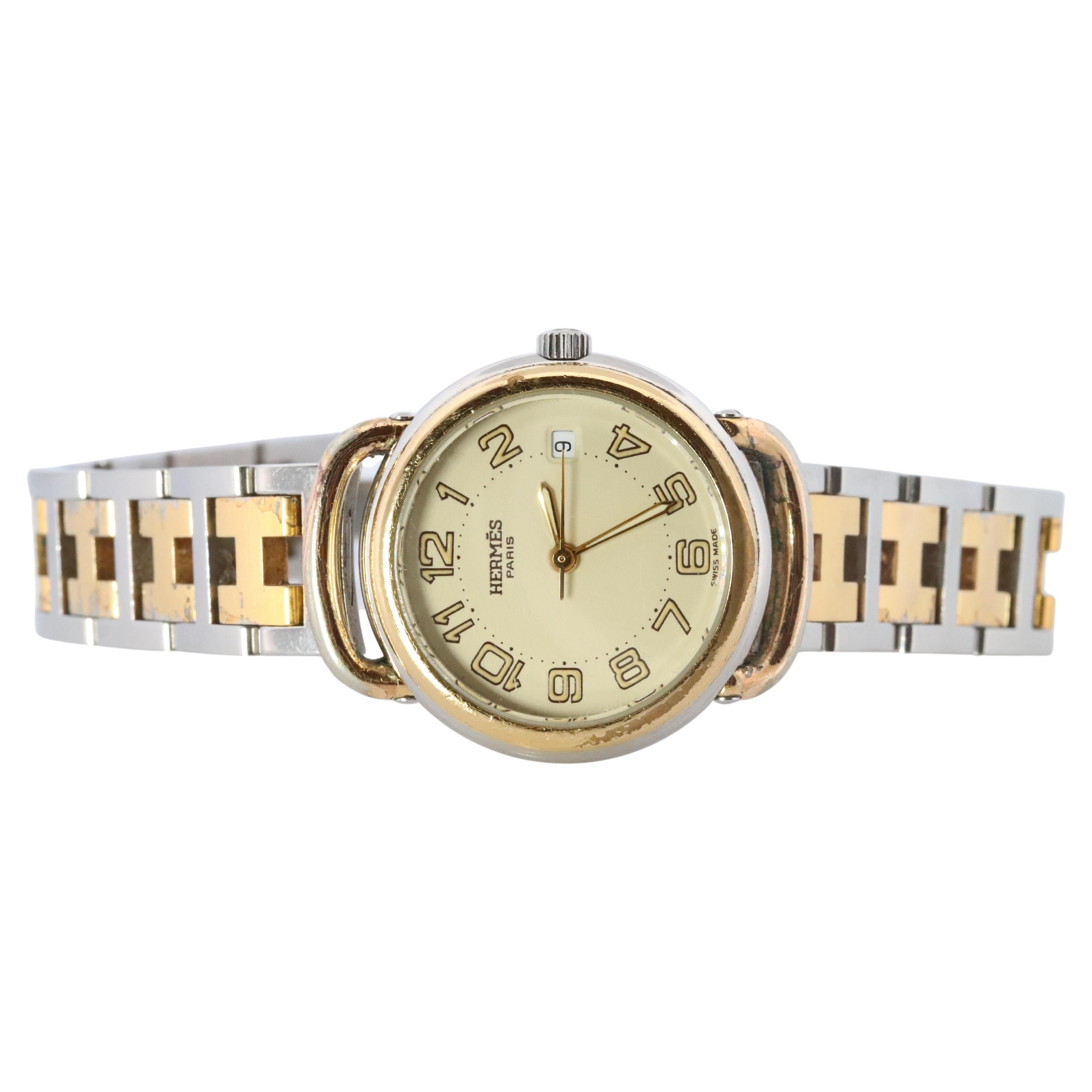 Genuine HERMES PULLMAN Stainless Steel 25mm Round Clipper Quartz Watch silver