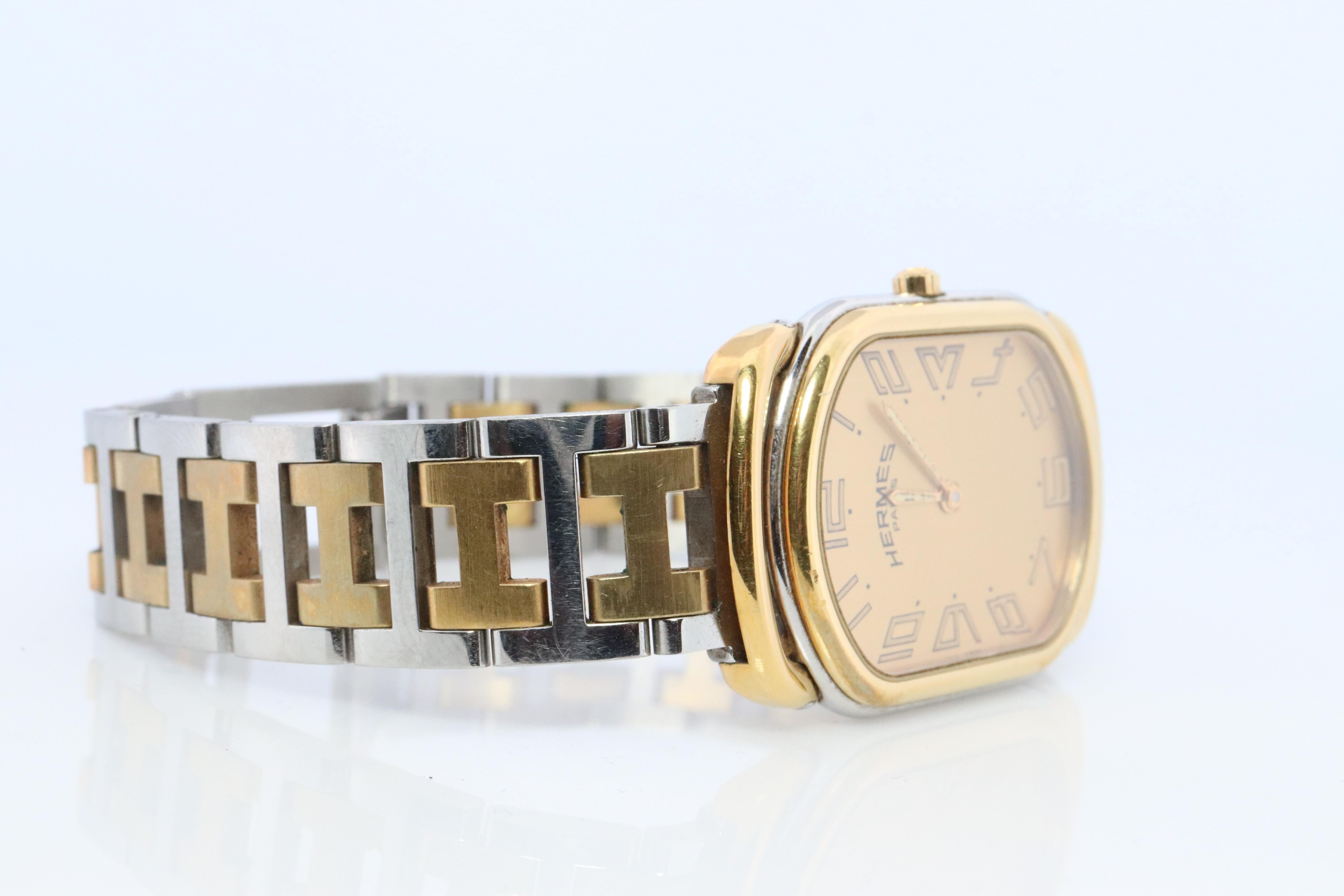 Women's or Men's Genuine HERMES RALLYE XL Stainless Steel 25mm RA1.240 Quartz Watch Champagne.