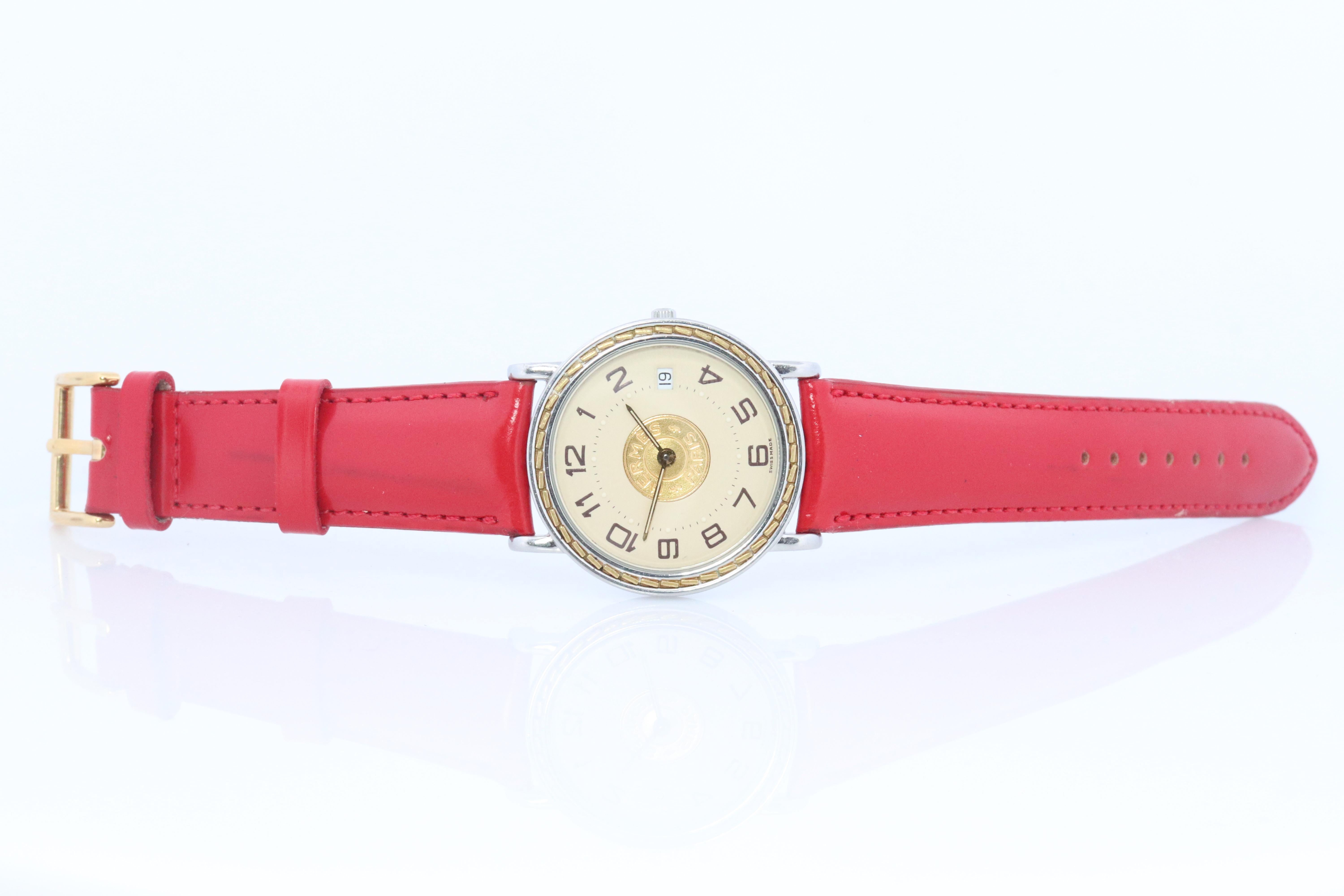 Genuine HERMES Sellier 32mm Round SS and 18k Quartz Watch White Dial. For Sale 3
