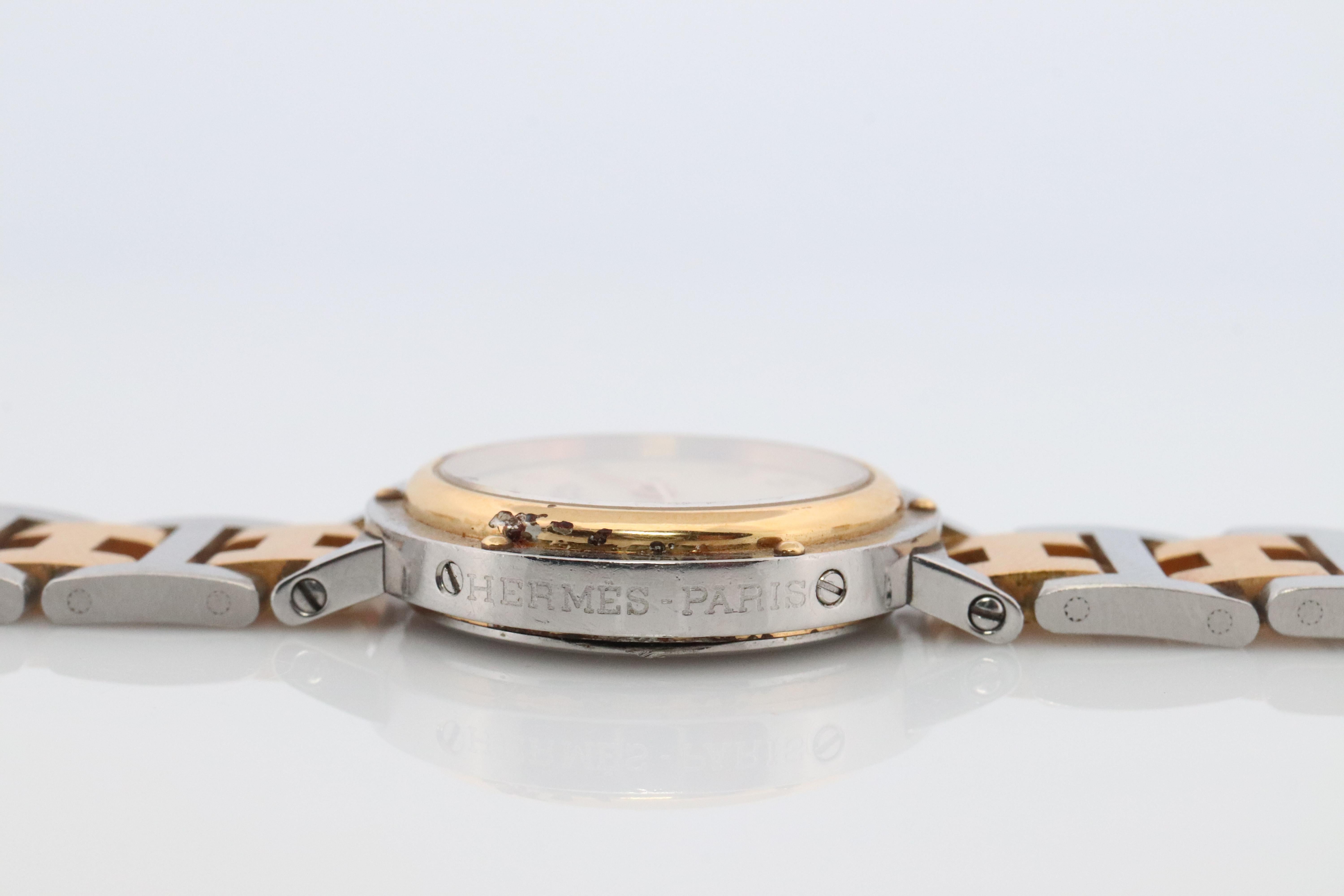 Women's Genuine HERMES Stainless Steel 24mm Round Clipper Quartz Watch Champagne Dial.