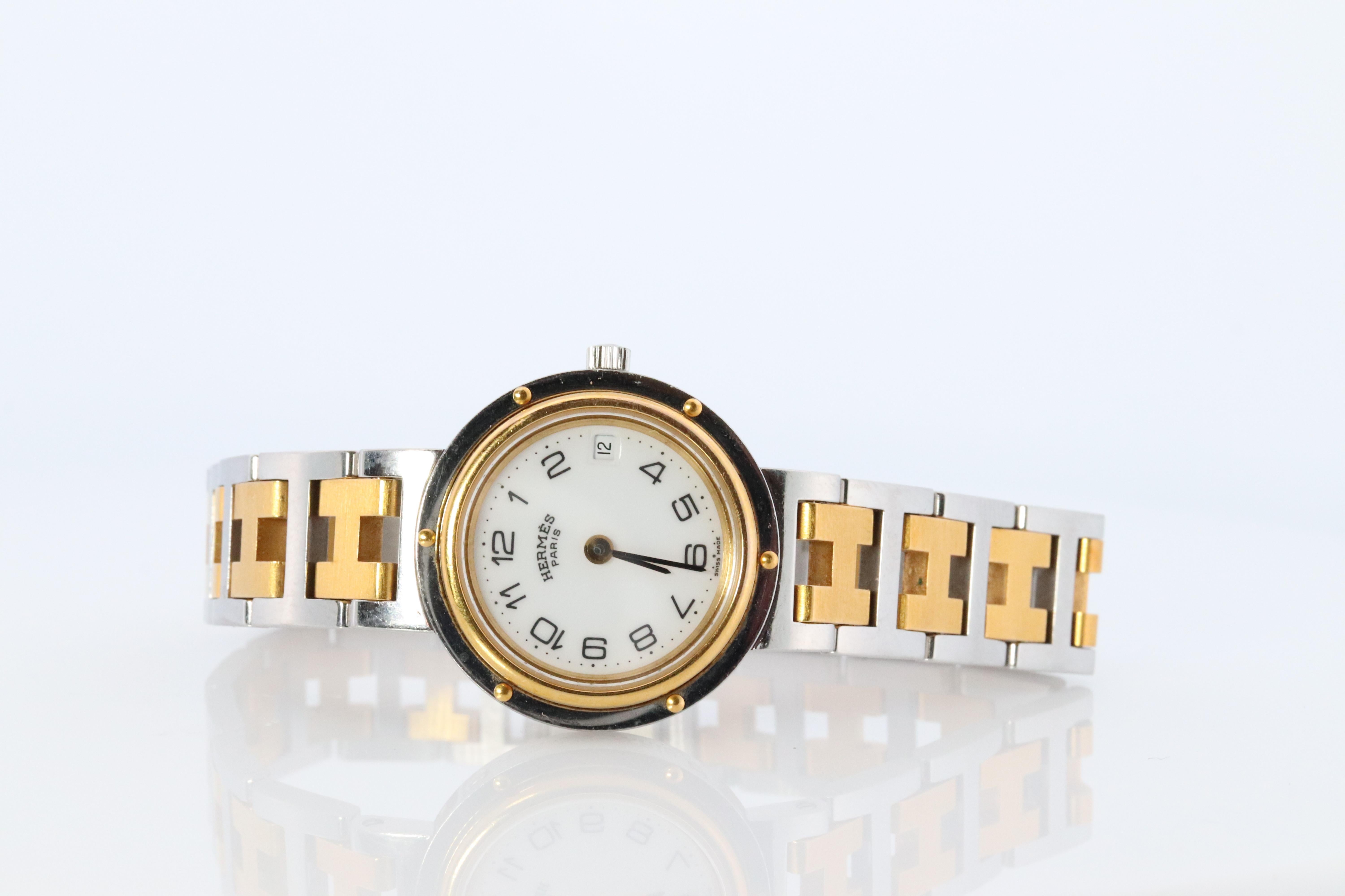 Modern Genuine HERMES Stainless Steel 24mm Round Clipper Quartz Watch White Dial.