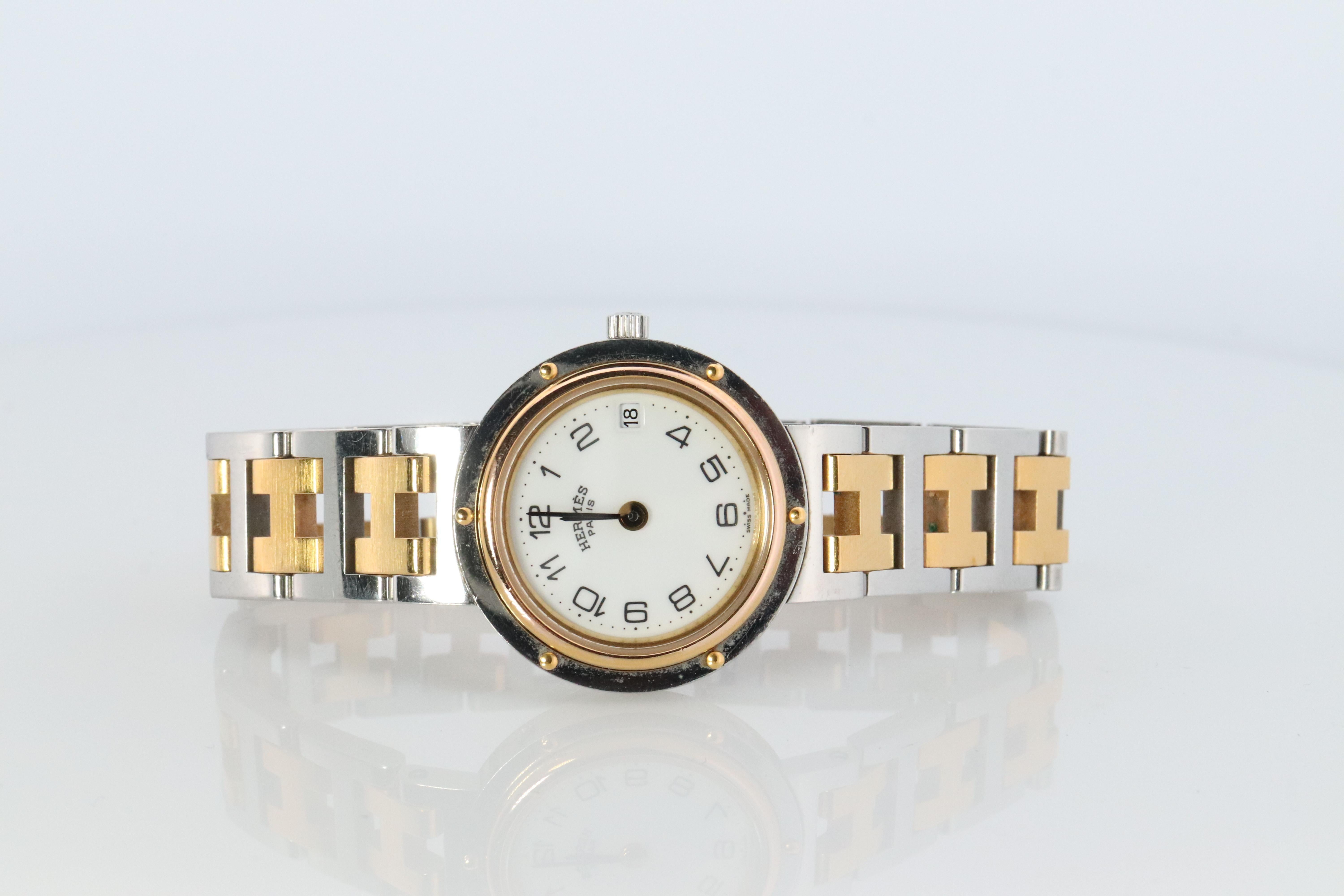 Modern Genuine HERMES Stainless Steel 24mm Round Clipper Quartz Watch White Dial. For Sale