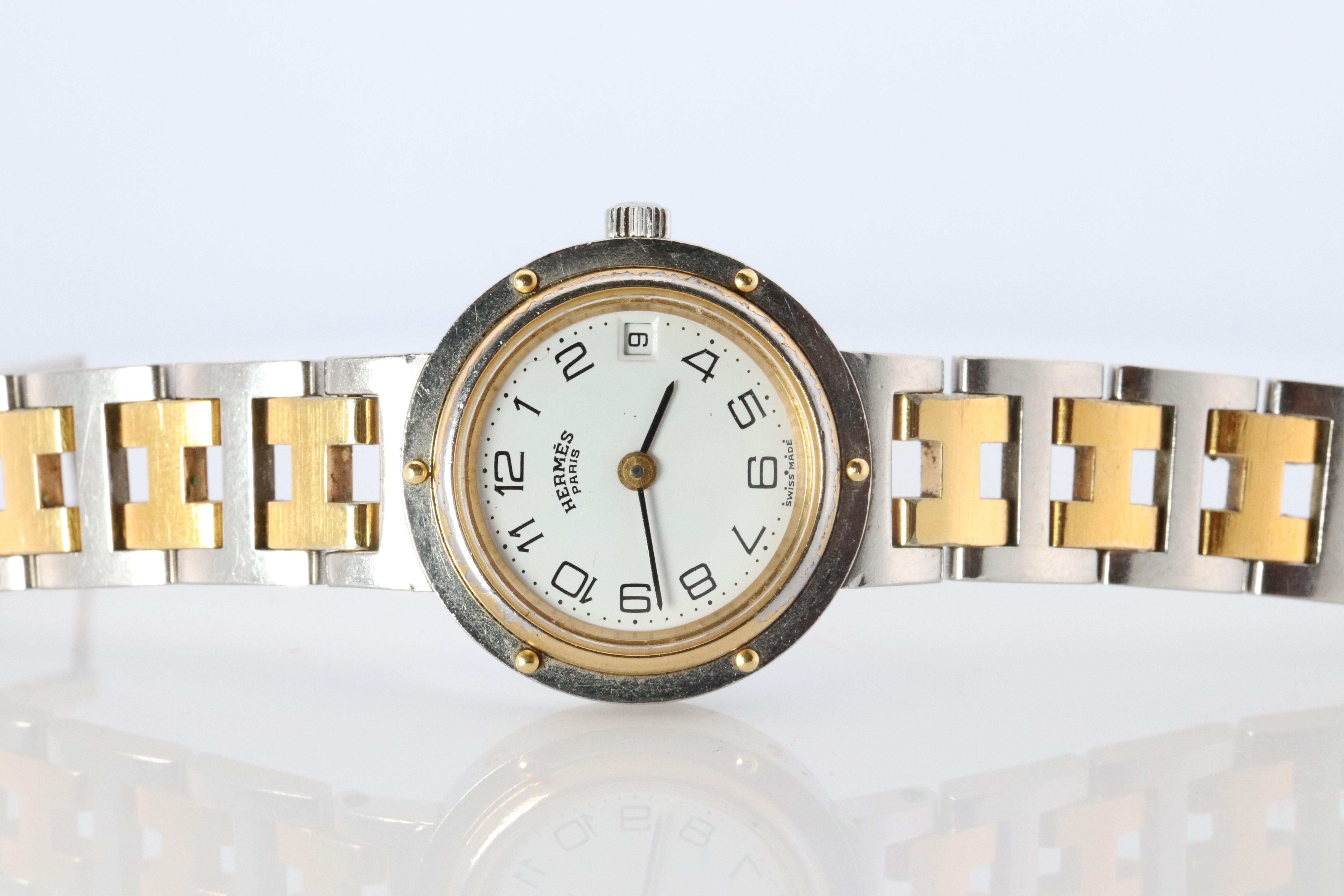 Modern Genuine HERMES Stainless Steel 24mm Round Clipper Quartz Watch White Dial. For Sale