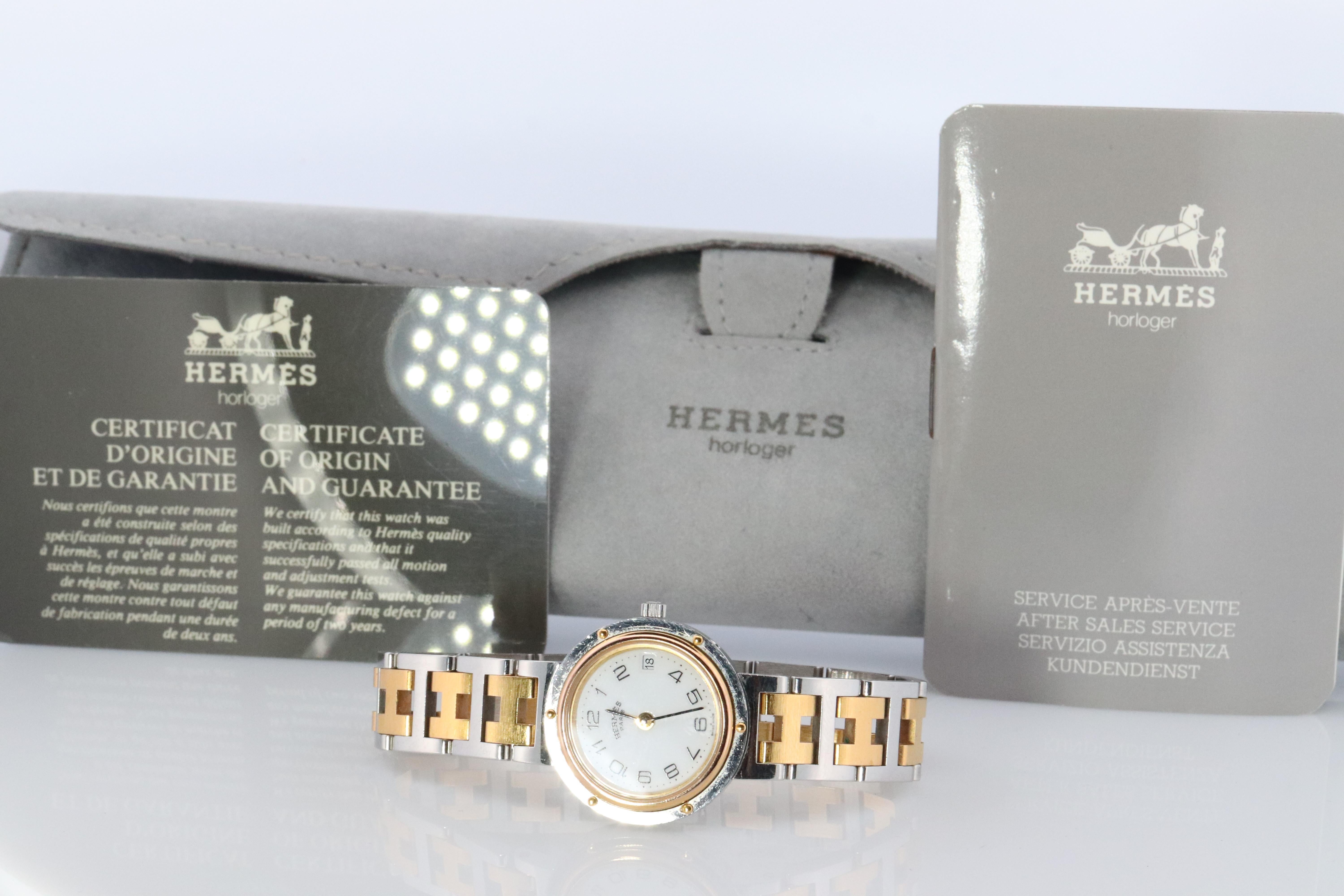 Genuine HERMES Stainless Steel 24mm Round Clipper Quartz Watch White Dial. For Sale 1