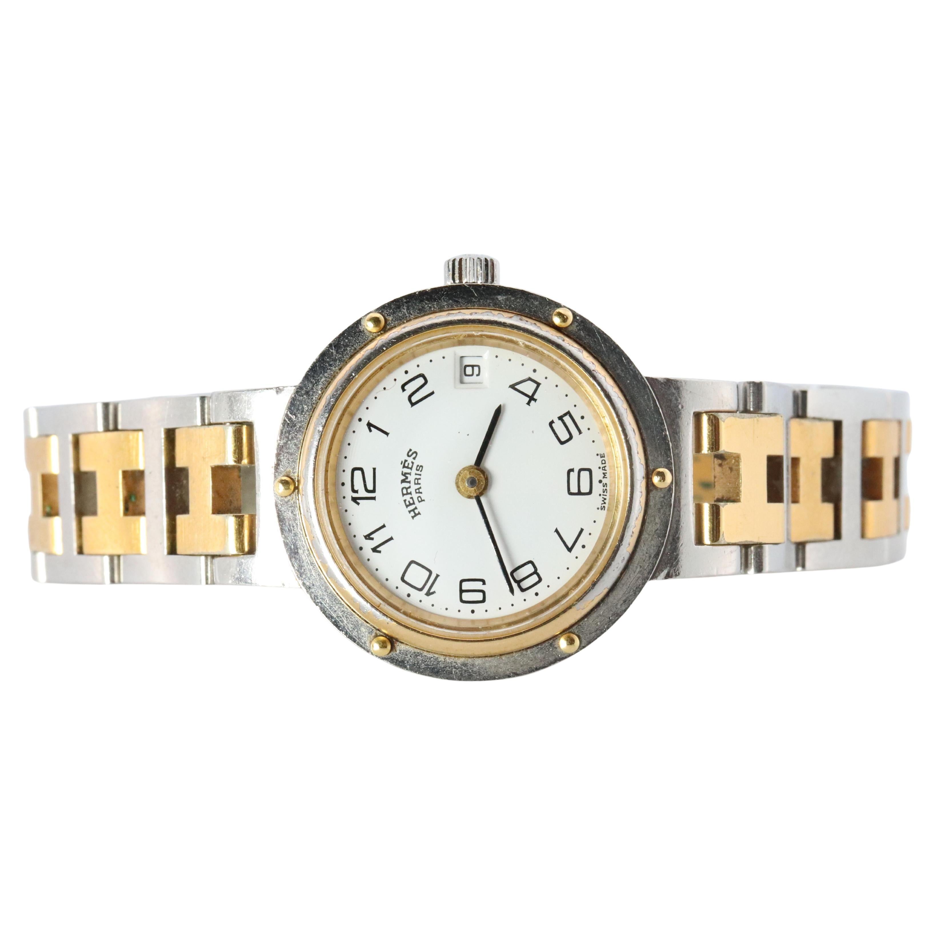 Genuine HERMES Stainless Steel 24mm Round Clipper Quartz Watch White Dial.