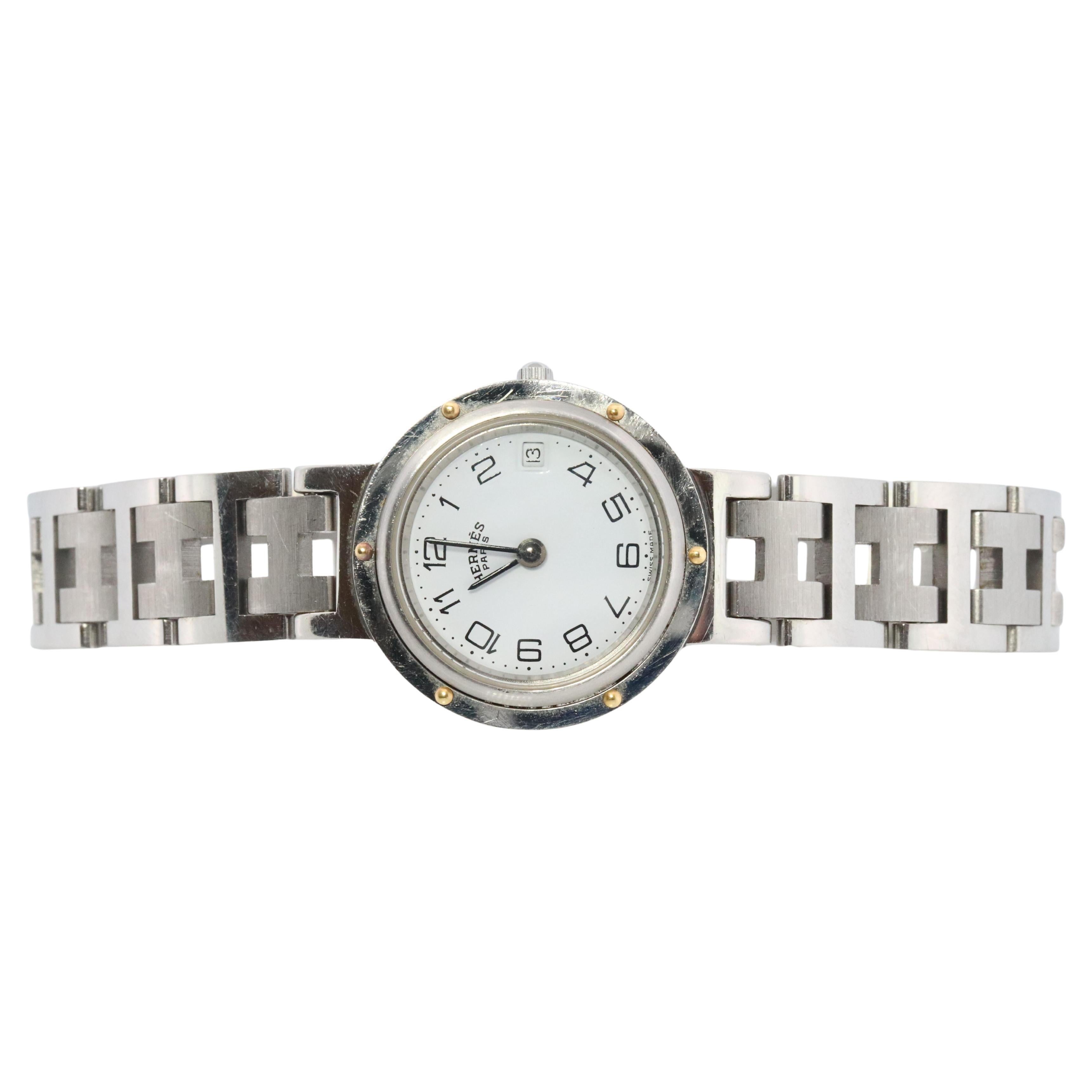 Genuine HERMES Stainless Steel 24mm Round Clipper Quartz Watch White.