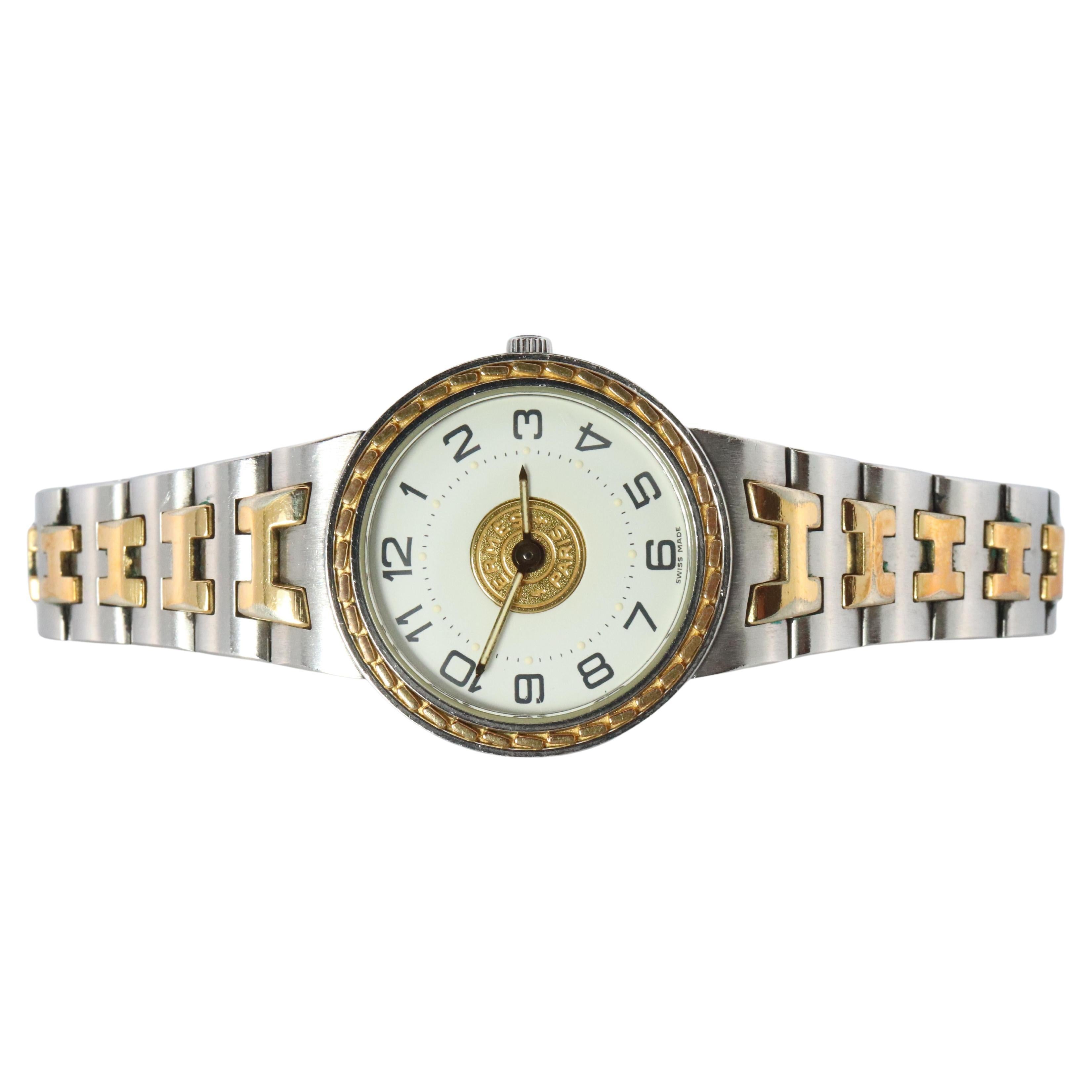 Genuine HERMES Stainless Steel 24mm Round Sellier Quartz Watch White Dial.