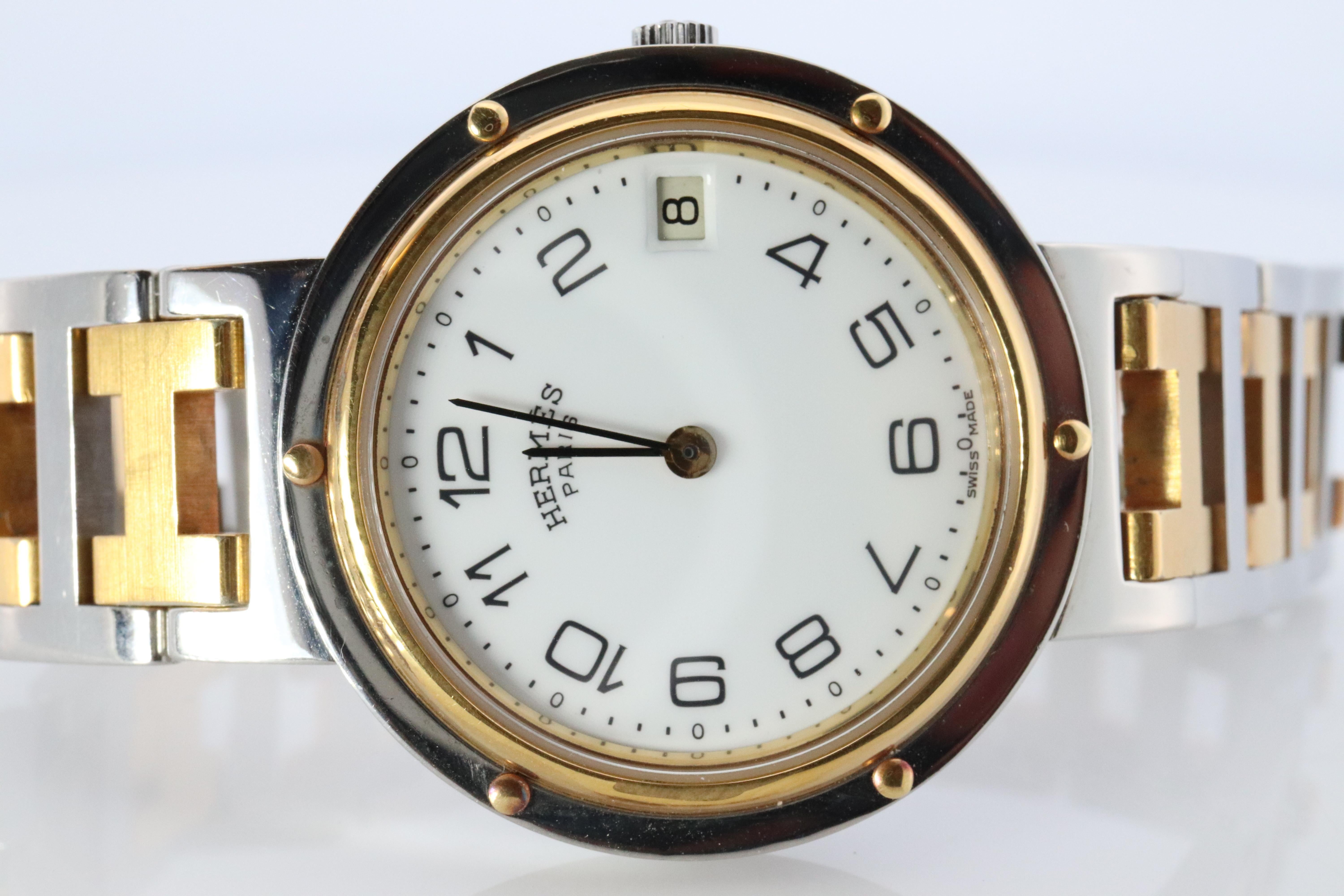 Modern Genuine HERMES Stainless Steel 30mm Round Clipper Quartz Watch White. For Sale