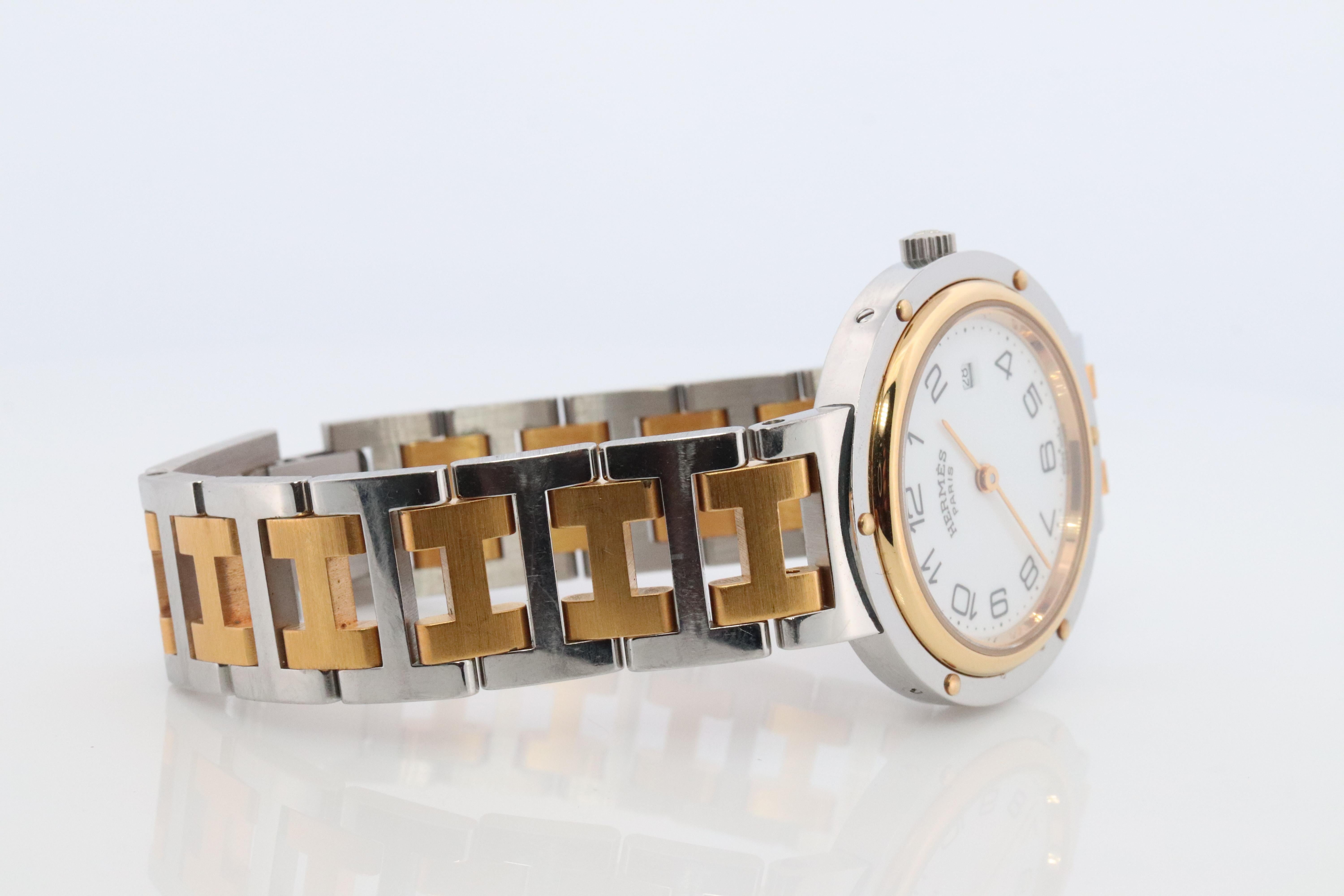 Women's Genuine HERMES Stainless Steel 30mm Round Clipper Quartz Watch White. For Sale