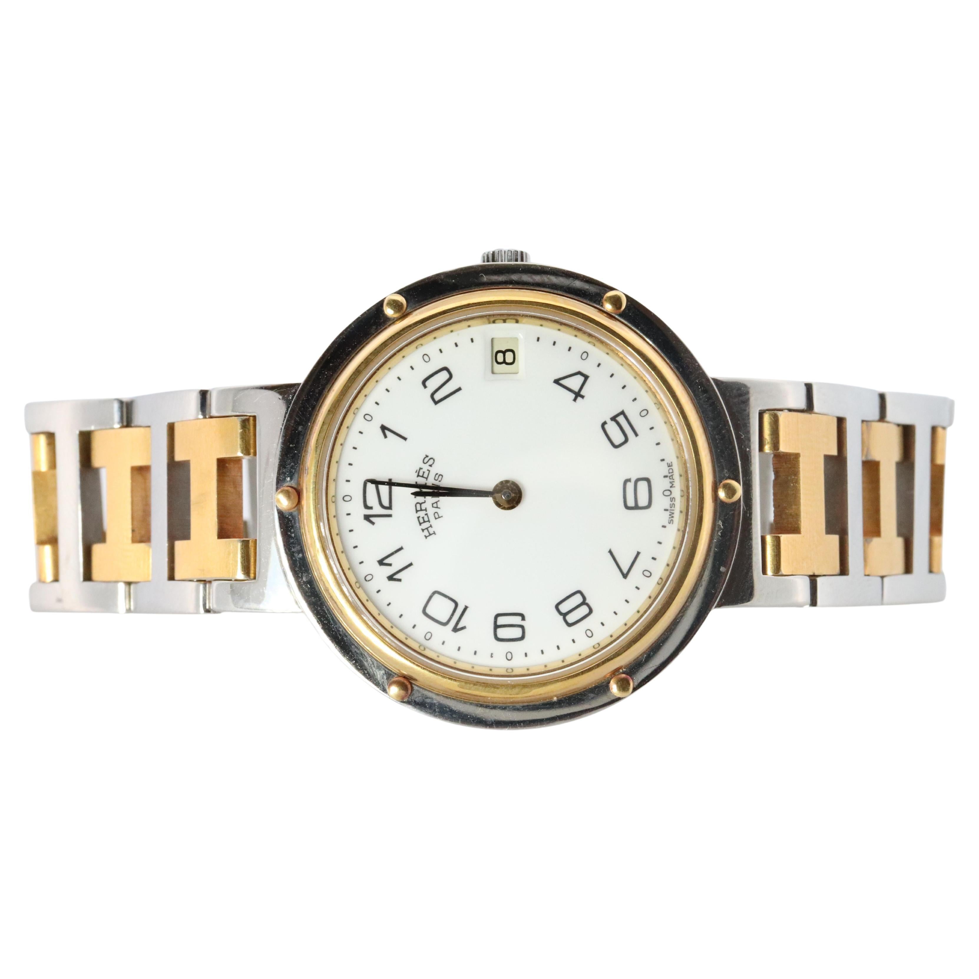 Genuine HERMES Stainless Steel 30mm Round Clipper Quartz Watch White. For Sale