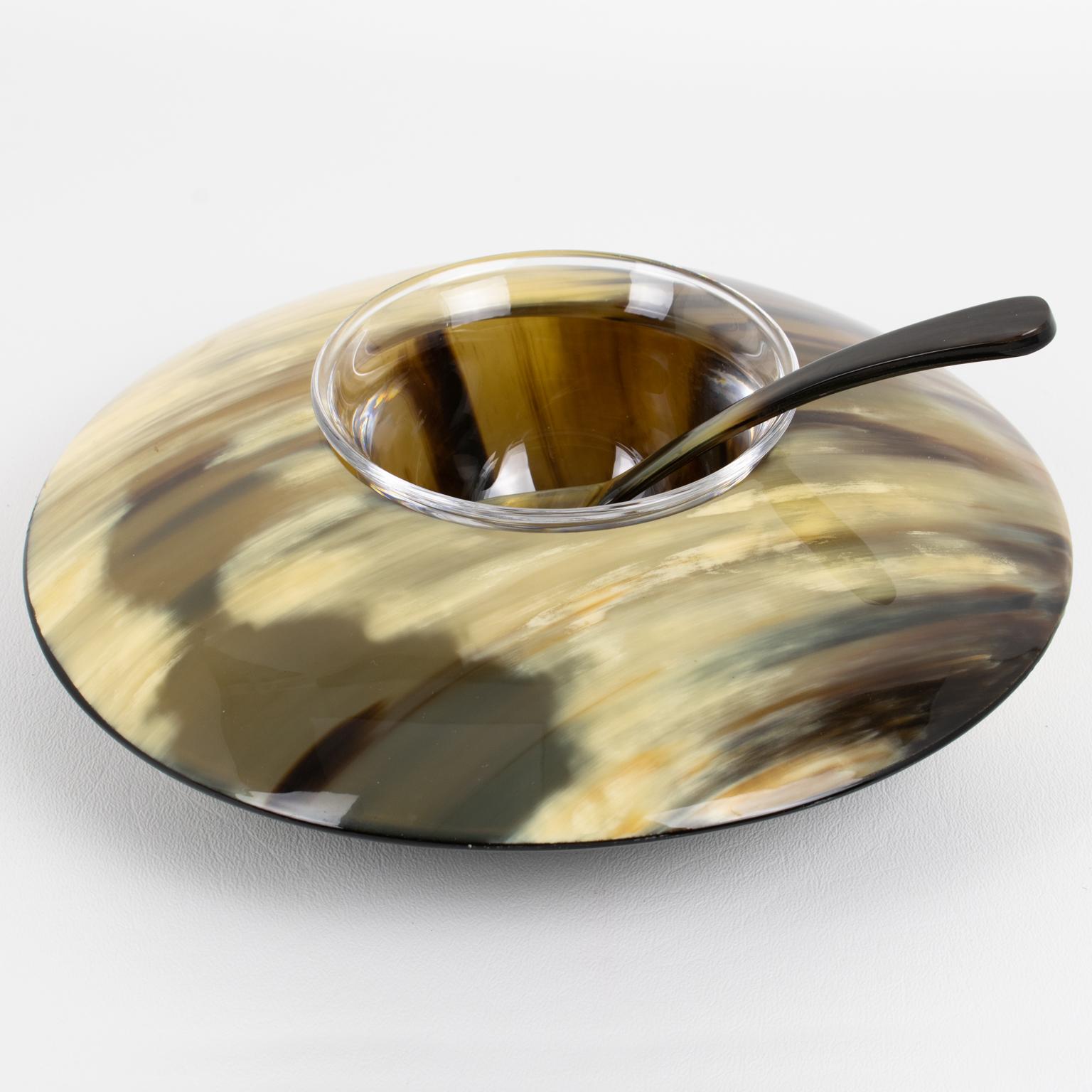 Echtes Horn und Kristall Modernist Kaviar Schüssel Dish Server Chiller, circa 2000 (Italienisch) im Angebot