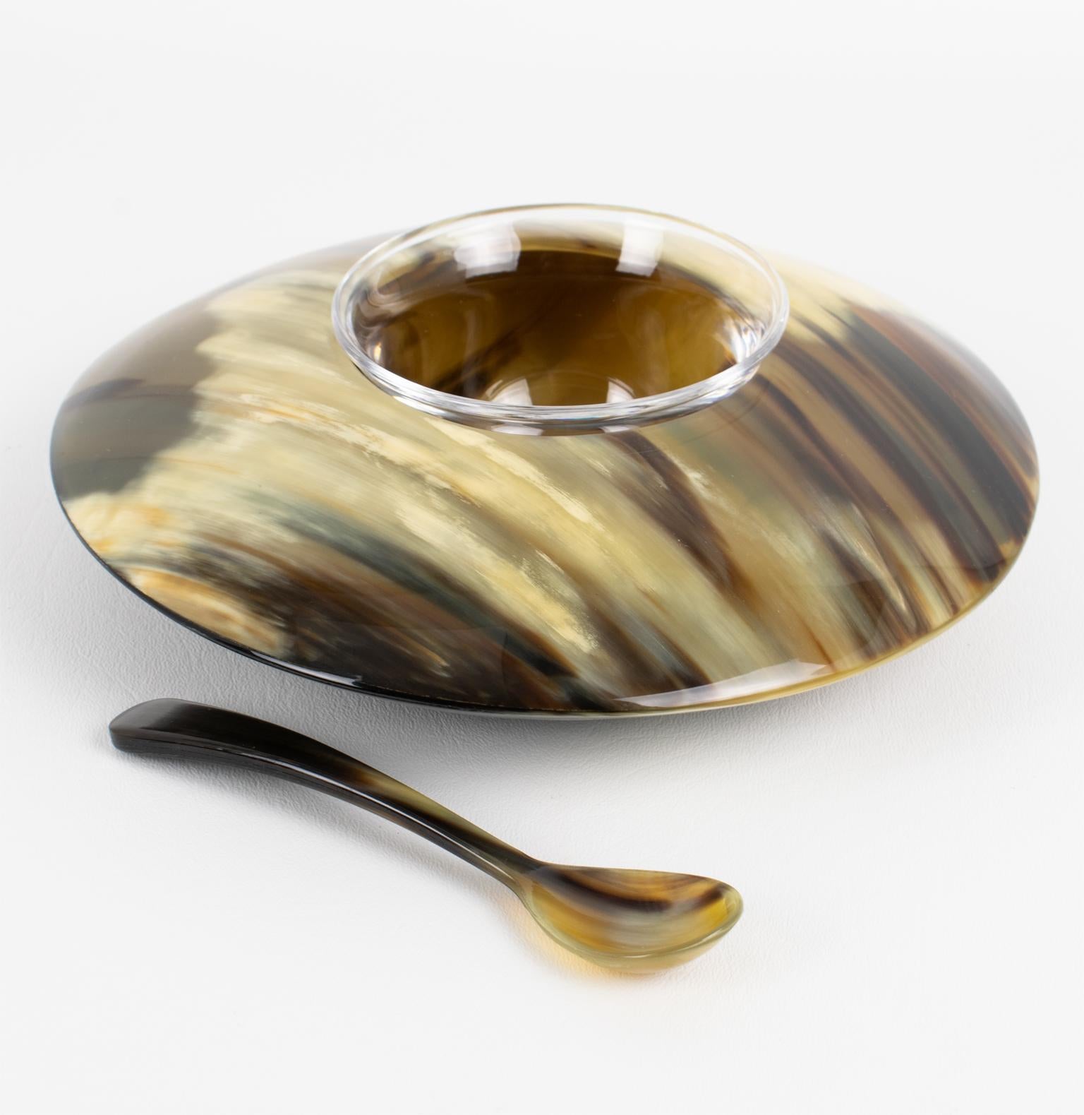 Echtes Horn und Kristall Modernist Kaviar Schüssel Dish Server Chiller, circa 2000 im Angebot 1