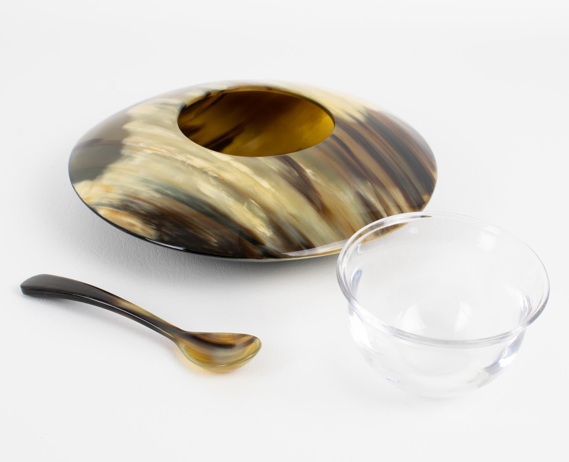 Echtes Horn und Kristall Modernist Kaviar Schüssel Dish Server Chiller, circa 2000 im Angebot 2