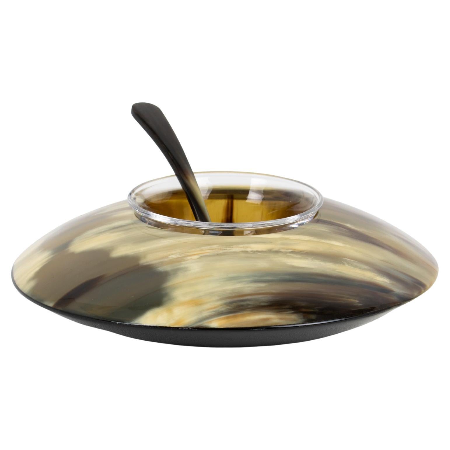 Genuine Horn and Crystal Modernist Caviar Bowl Dish Server Chiller, circa 2000