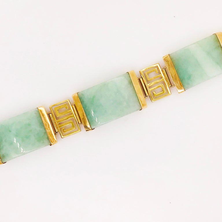 Genuine Jade Chinese Good Luck Bracelet in 14 Karat Yellow Gold at