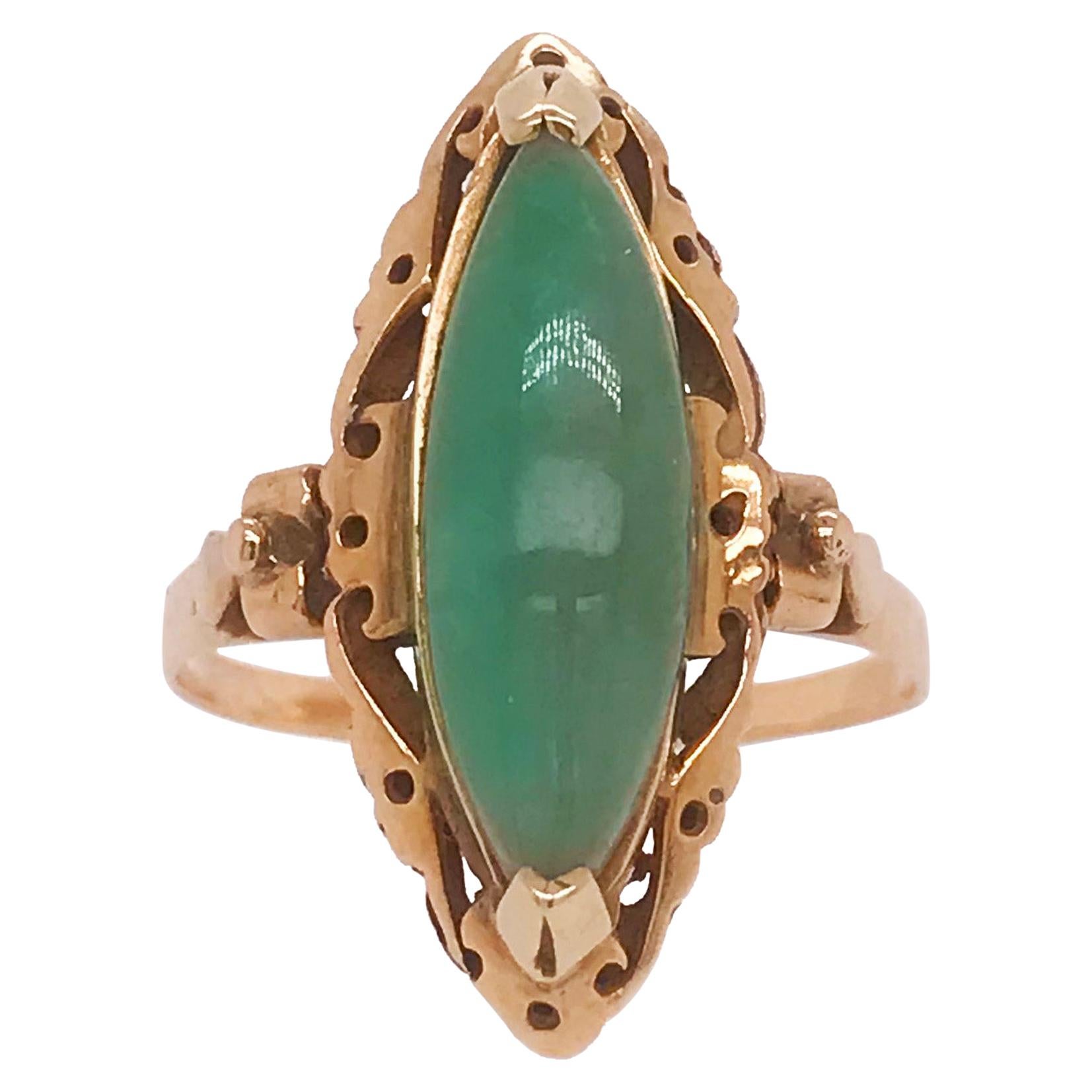 Genuine Jade Marquise Estate Ring, Hand Fabricated Design in Yellow Gold For Sale