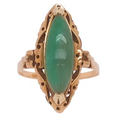 Vintage Genuine Jade Marquise Estate Ring, Hand Fabricated Design in Yellow Gold