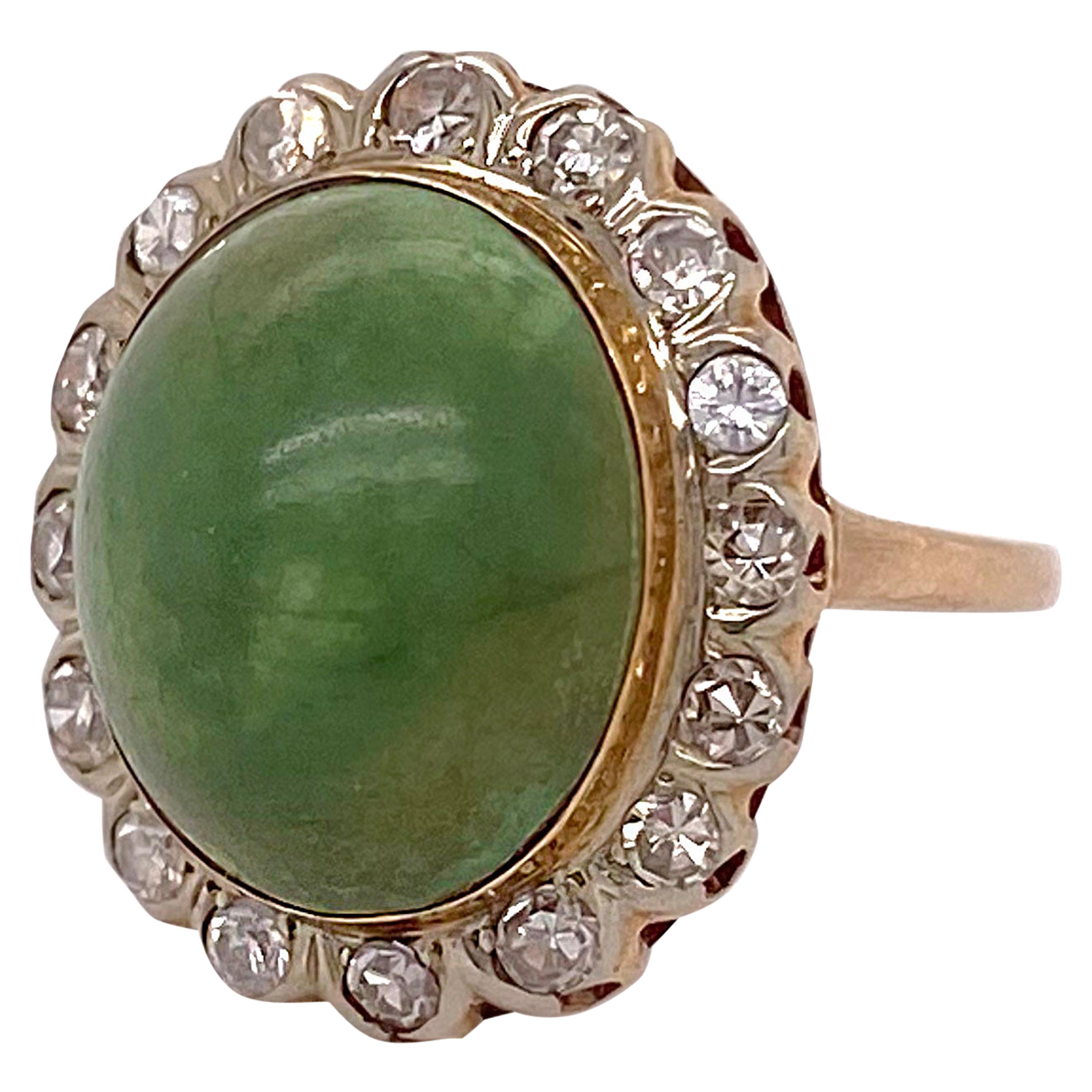 Genuine Jade Ring, Genuine Jadeite Jade with Diamonds Set in Yellow Gold For Sale