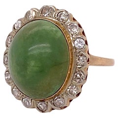 Vintage Genuine Jade Ring, Genuine Jadeite Jade with Diamonds Set in Yellow Gold