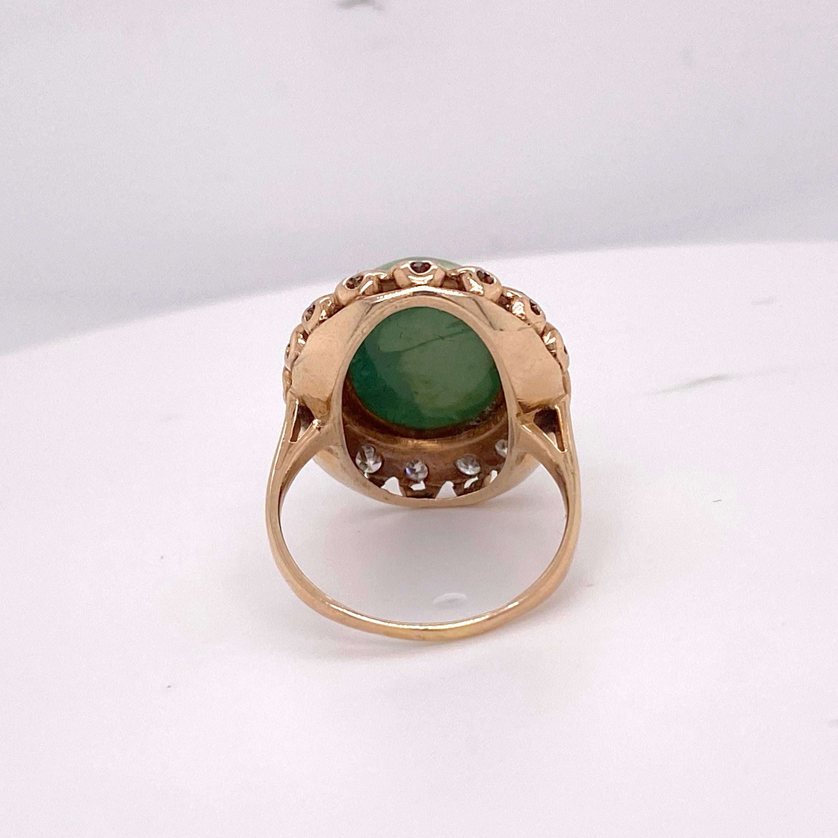 Contemporary Genuine Jade Ring, Genuine Jadeite Jade with Diamonds Set in Yellow Gold For Sale