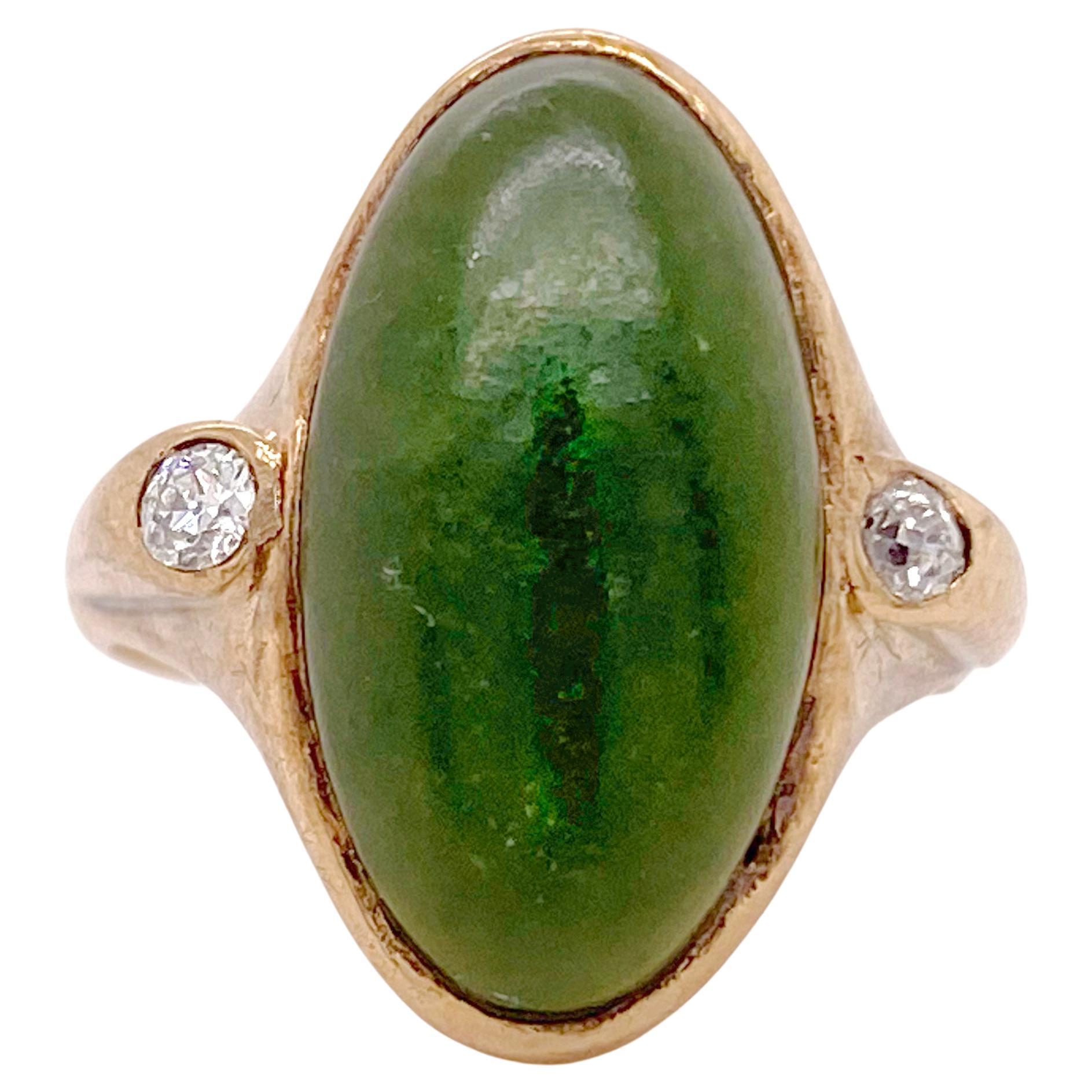 Genuine Jade Ring, Yellow Gold, Genuine Jadeite Jade with Diamonds, Estate Ring For Sale
