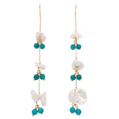 Genuine Keshi Pearl and Turquoise Custom Earring Dangles in 14 Karat Yellow Gold Genuine Keshi Pearl and Turquoise Custom Earring Dangles in 14 Karat Yellow Gold